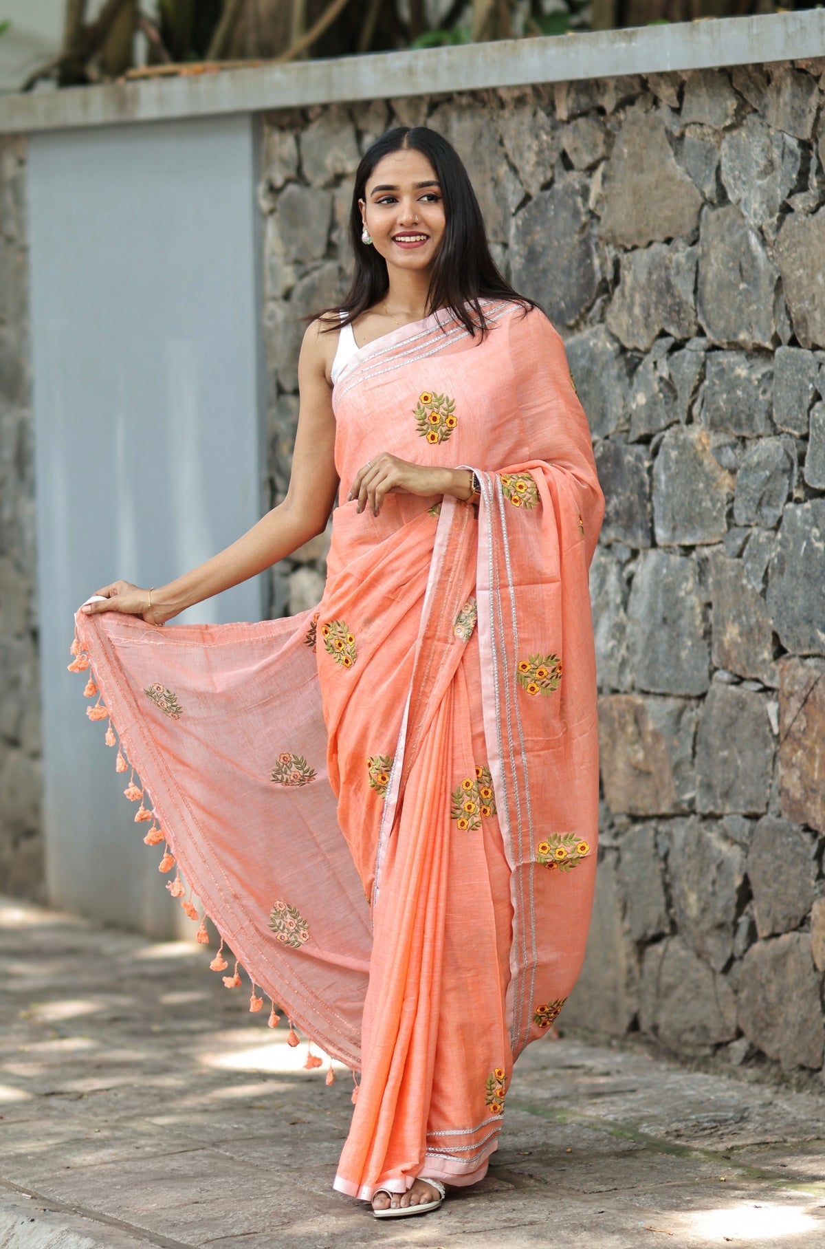 Peach Embroidered Mulmul Cotton Saree