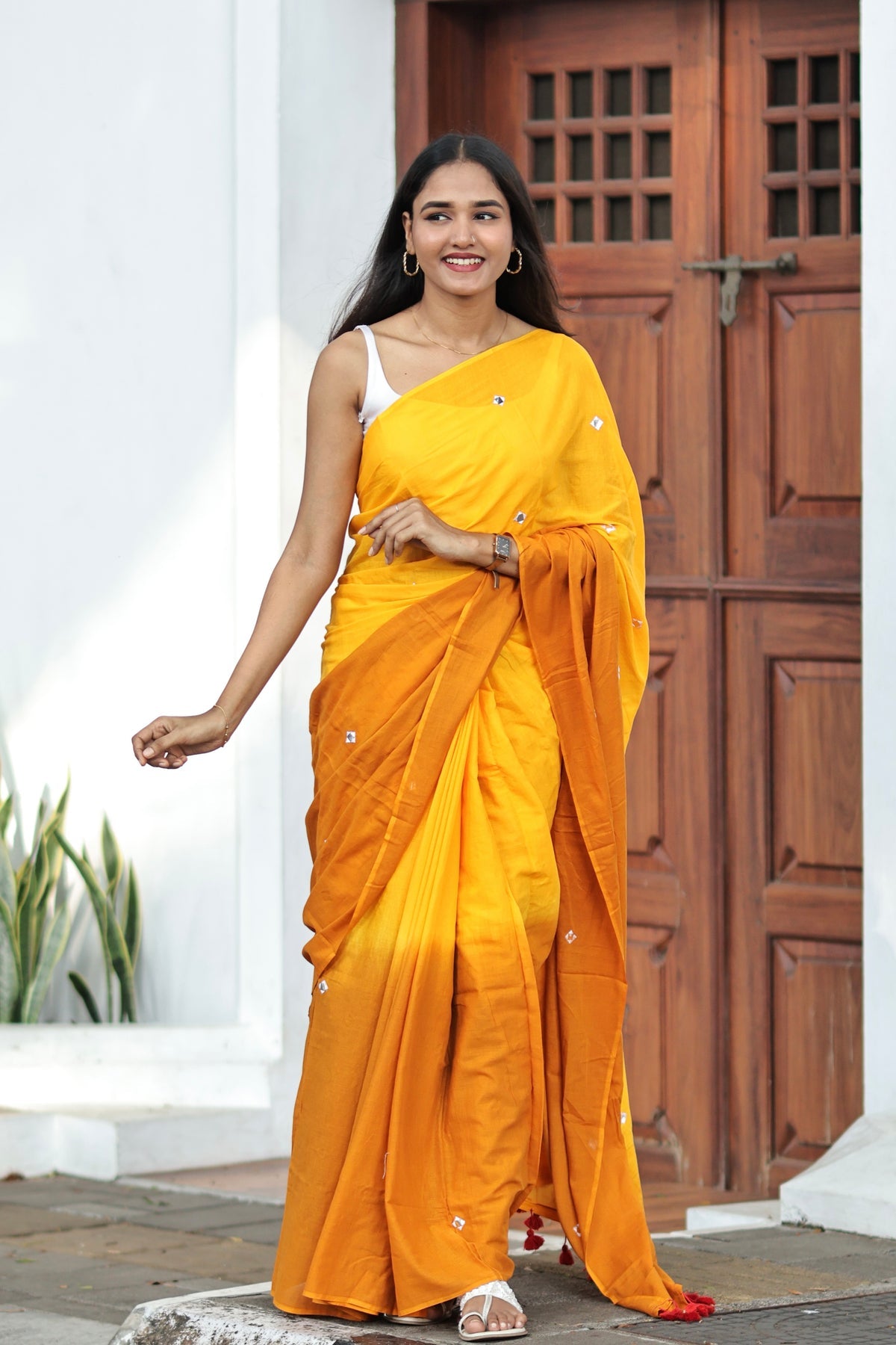 Pure Mul Cotton Mirror Work Saree- Yellow