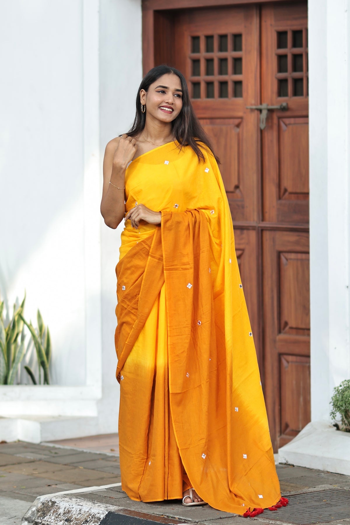 Pure Mul Cotton Mirror Work Saree- Yellow