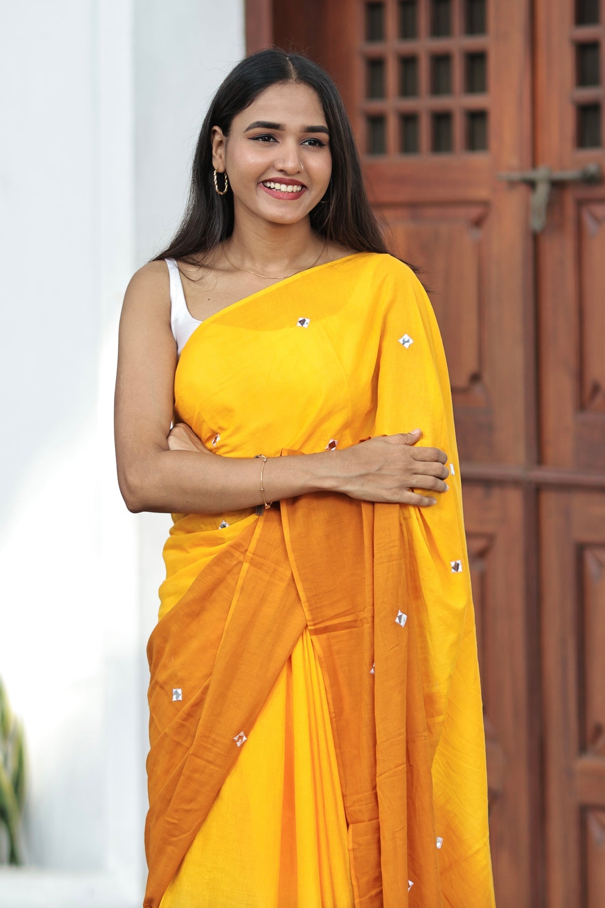 Pure Mul Cotton Mirror Work Saree- Yellow