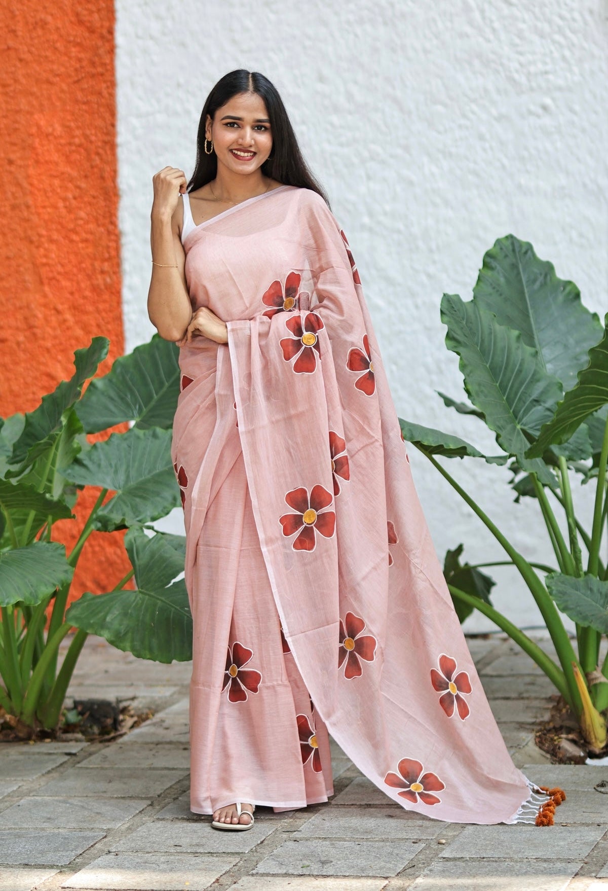 Wooden Hand Printed Floral Mulmul Cotton Saree