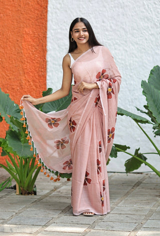 Wooden Hand Printed Floral Mulmul Cotton Saree