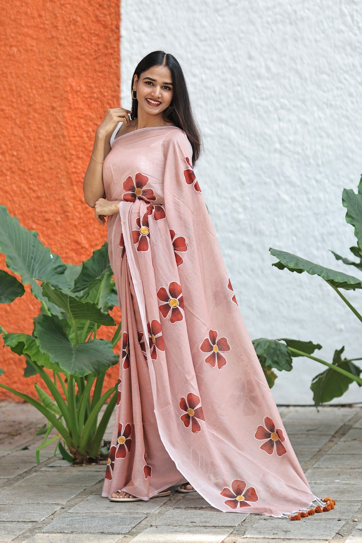 Wooden Hand Printed Floral Mulmul Cotton Saree