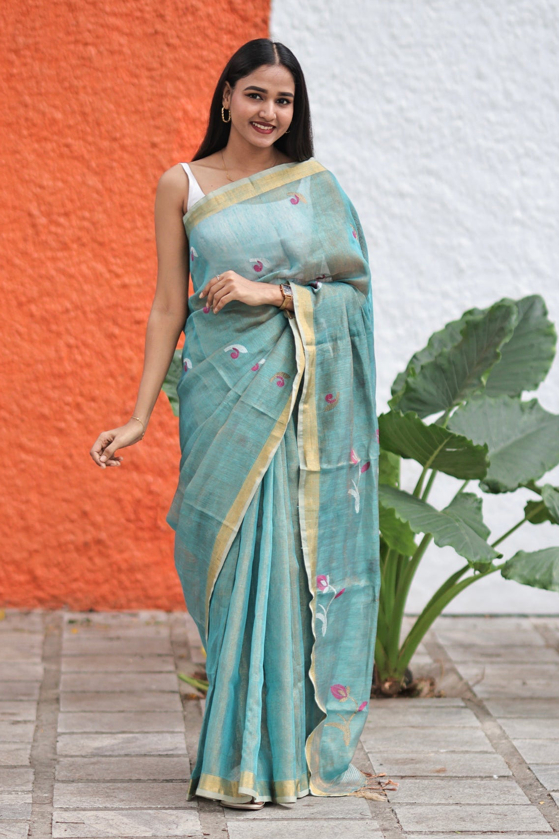 Baby Blue Dual Tone Handwoven Tissue Linen Saree with Tulip Motifs