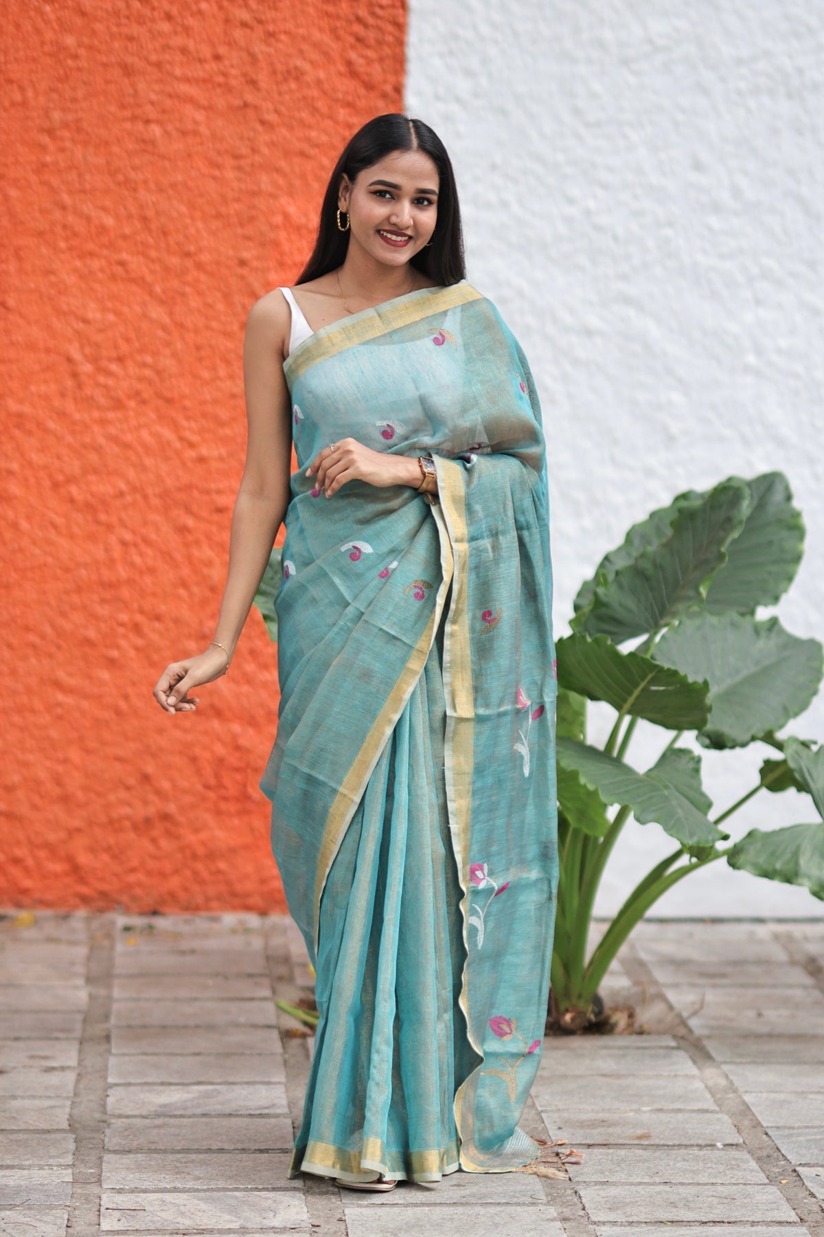 Baby Blue Dual Tone Handwoven Tissue Linen Saree with Tulip Motifs