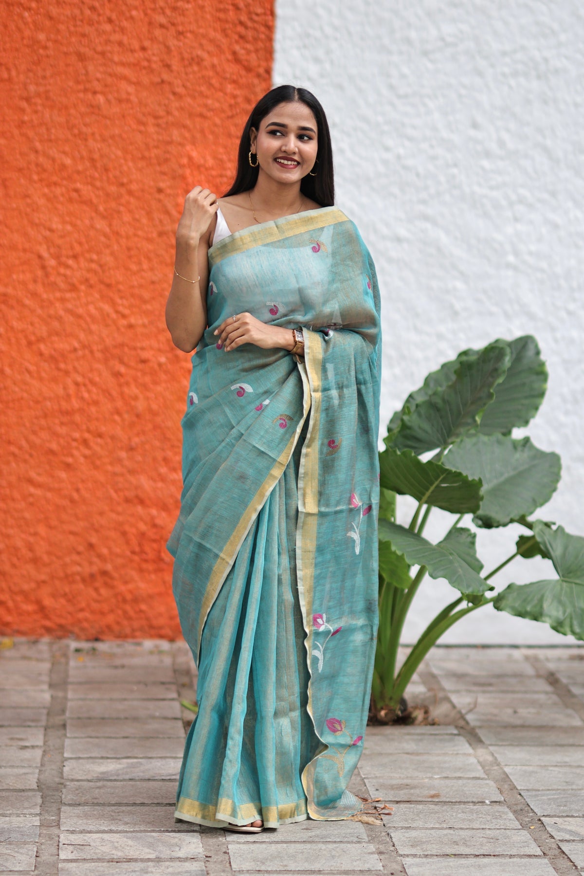 Baby Blue Dual Tone Handwoven Tissue Linen Saree with Tulip Motifs