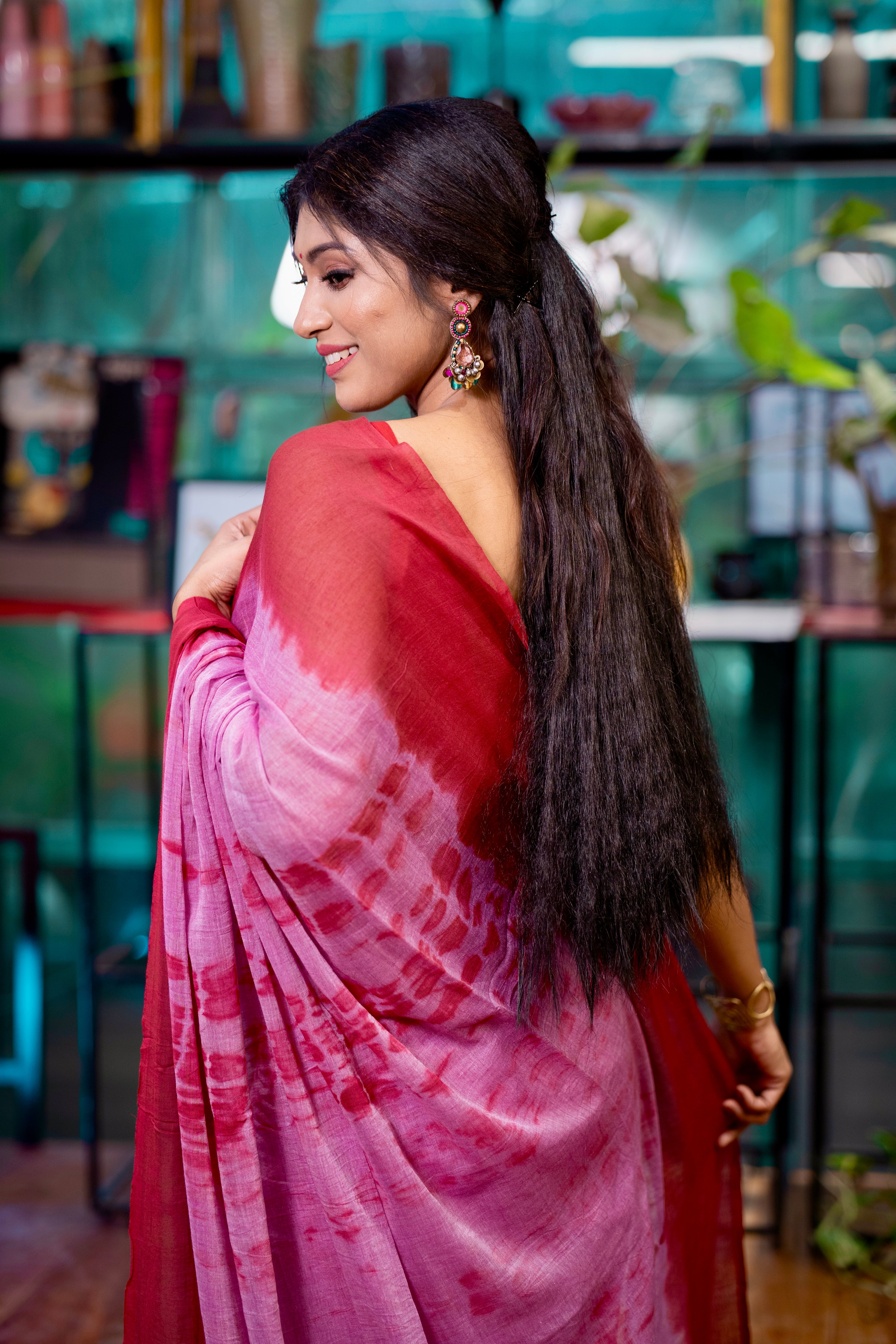 Bubble pink & maroon shibori Print Mulmul Cotton Saree with blouse piece