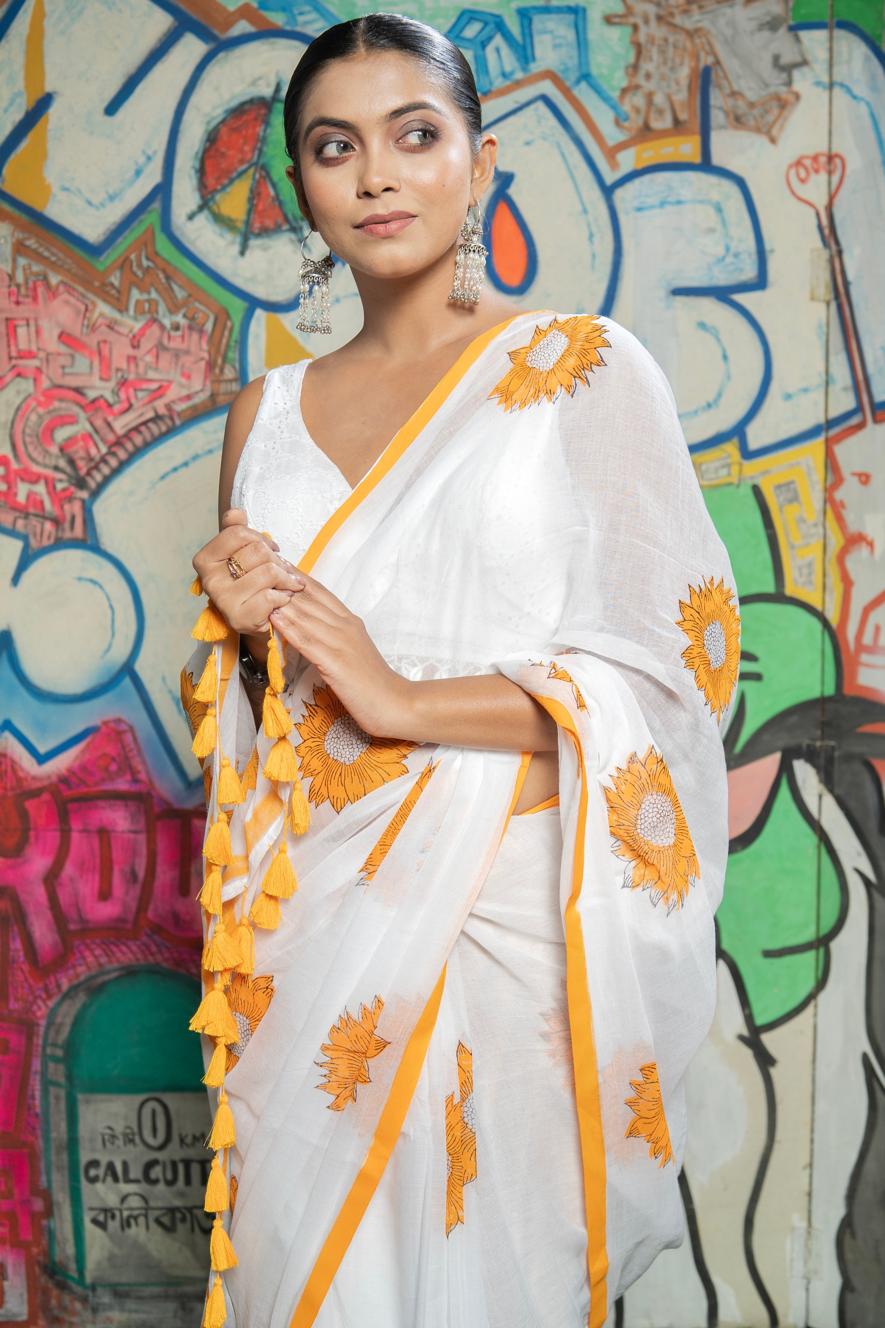 Hand-Printed Sunflower Mulmul Cotton Saree
