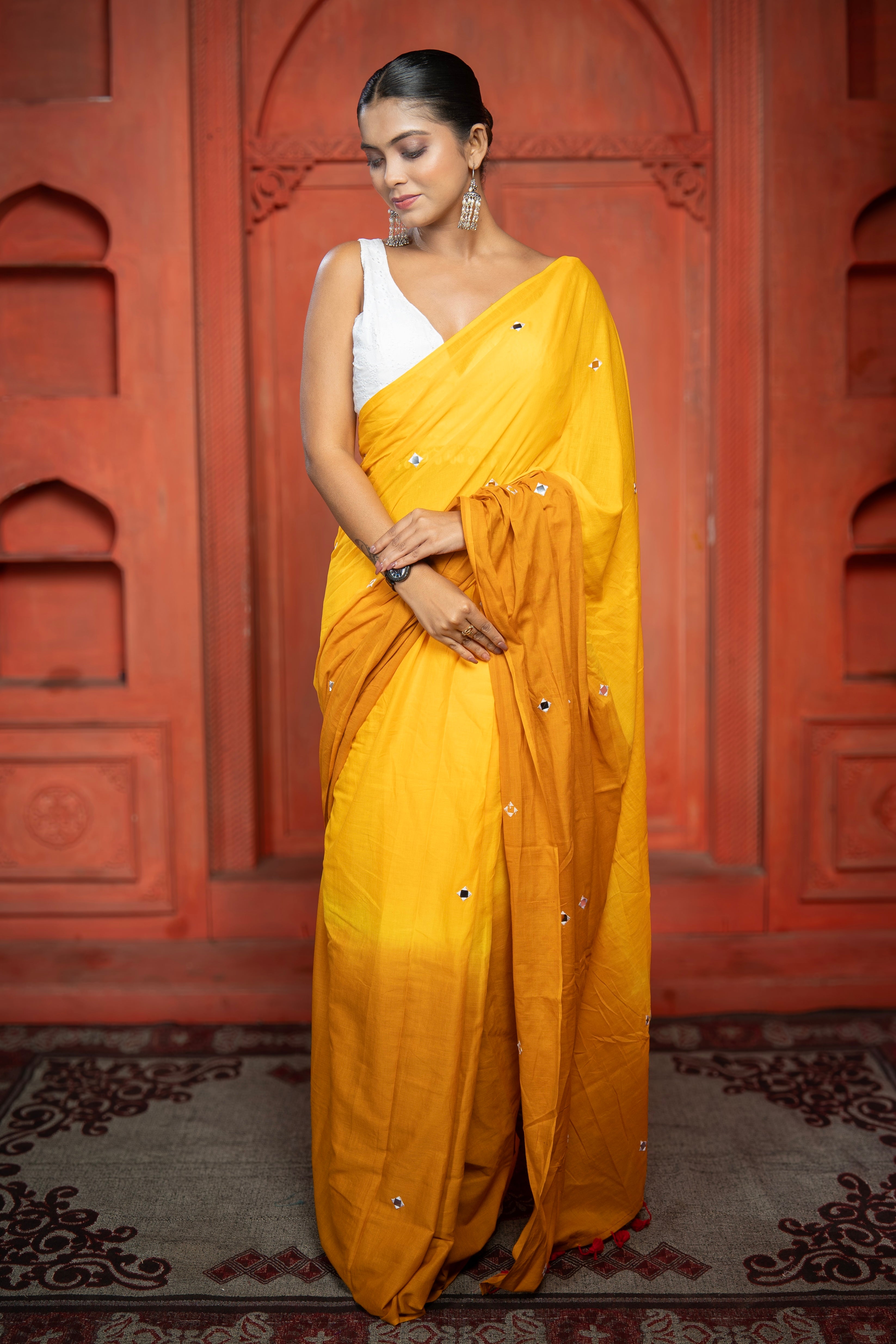 Pure Mul Cotton Mirror Work Saree- Yellow