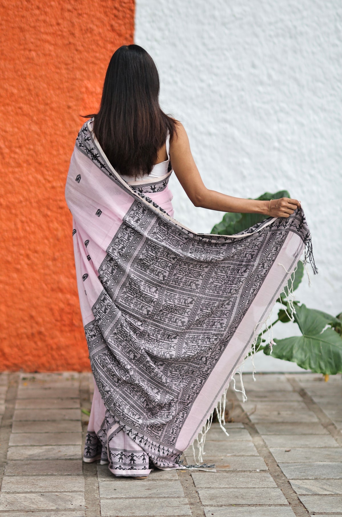 Pink & Black Pure Mashrise Cotton Hand Weaving Saree with blouse piece