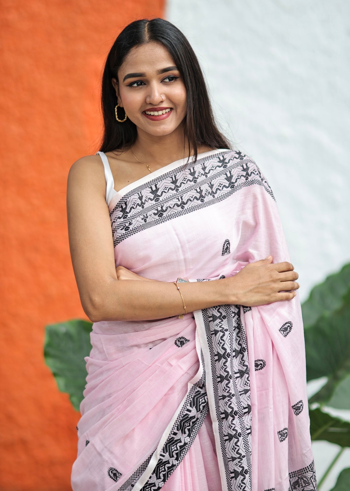 Pink & Black Pure Mashrise Cotton Hand Weaving Saree with blouse piece