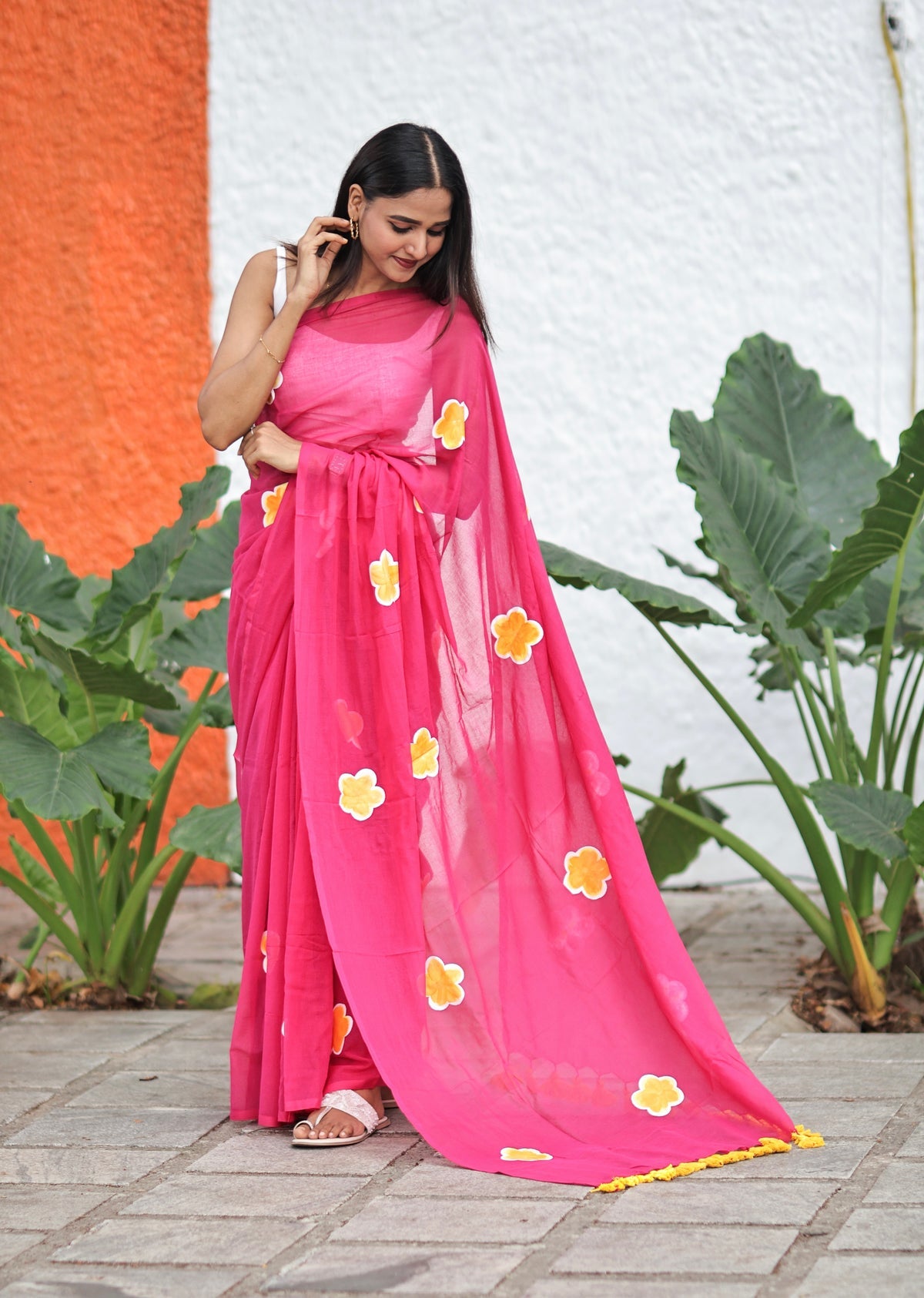 Rani Hand-Printed Floral Mulmul Cotton Saree