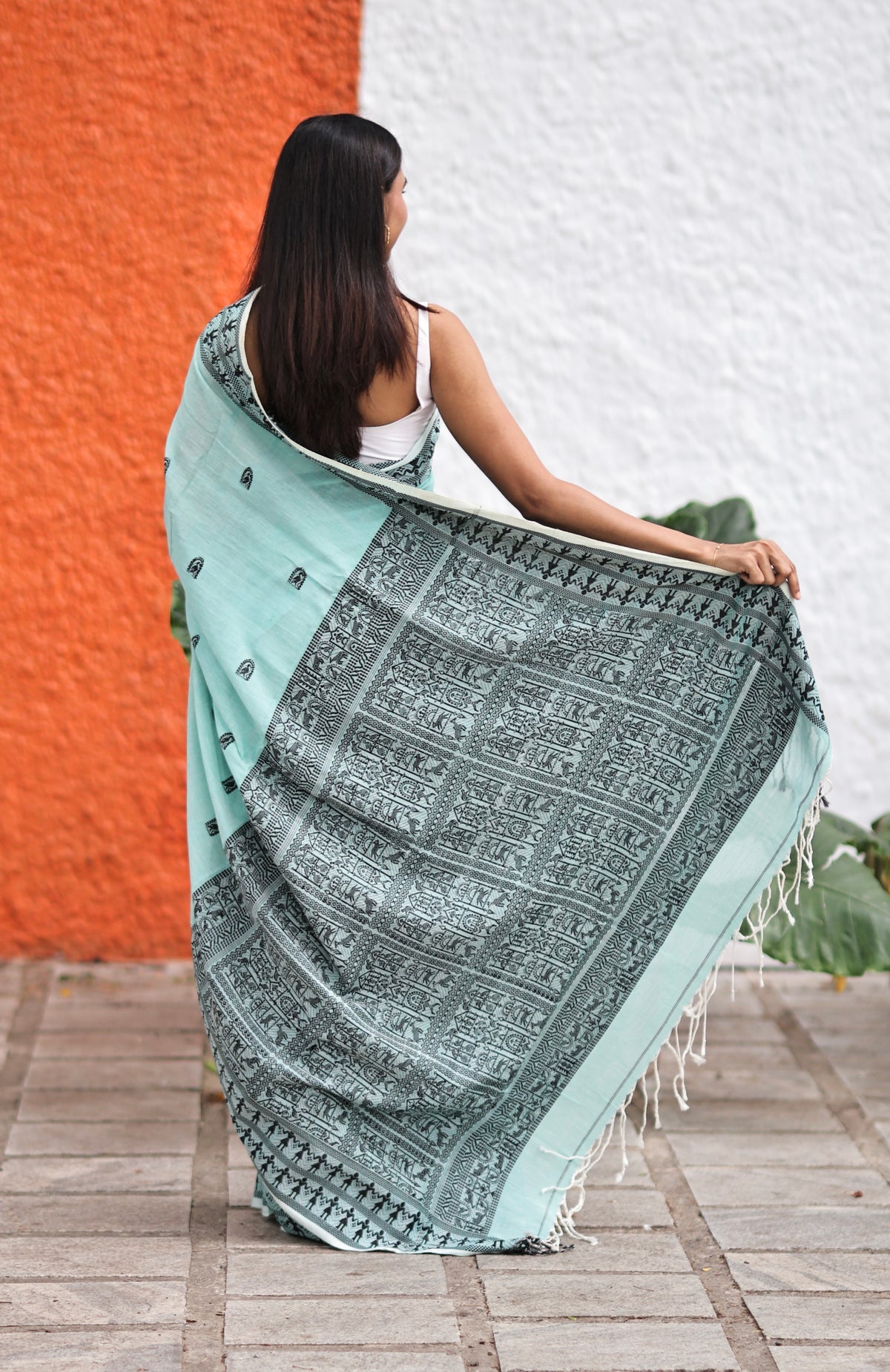 Pistachio & Black Pure Mashrise Cotton Hand Weaving Saree with blouse piece