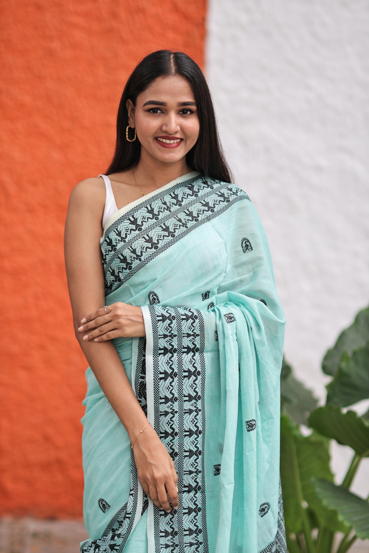 Pistachio & Black Pure Mashrise Cotton Hand Weaving Saree with blouse piece