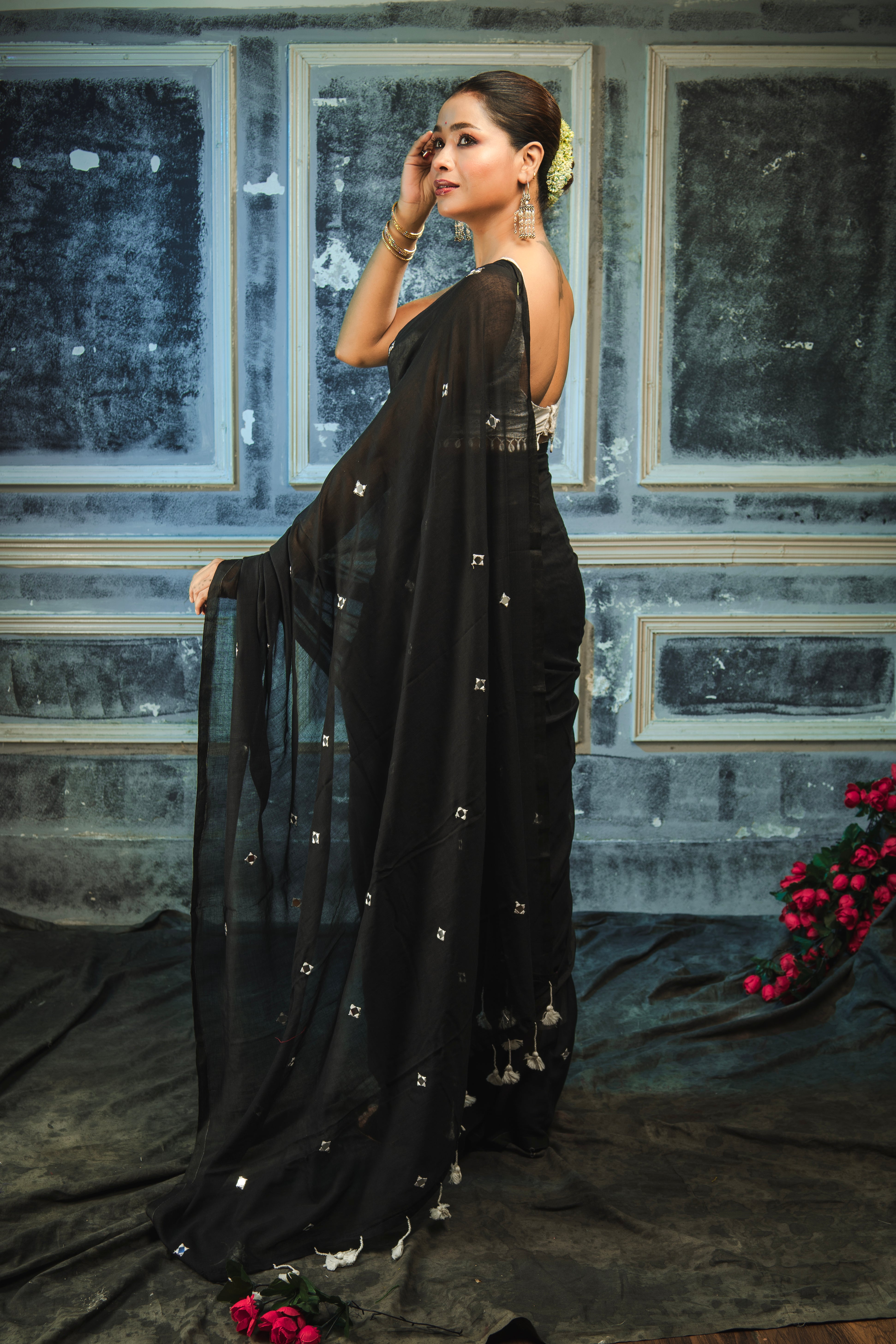 Pure Mul Cotton Mirror Work Saree- Black