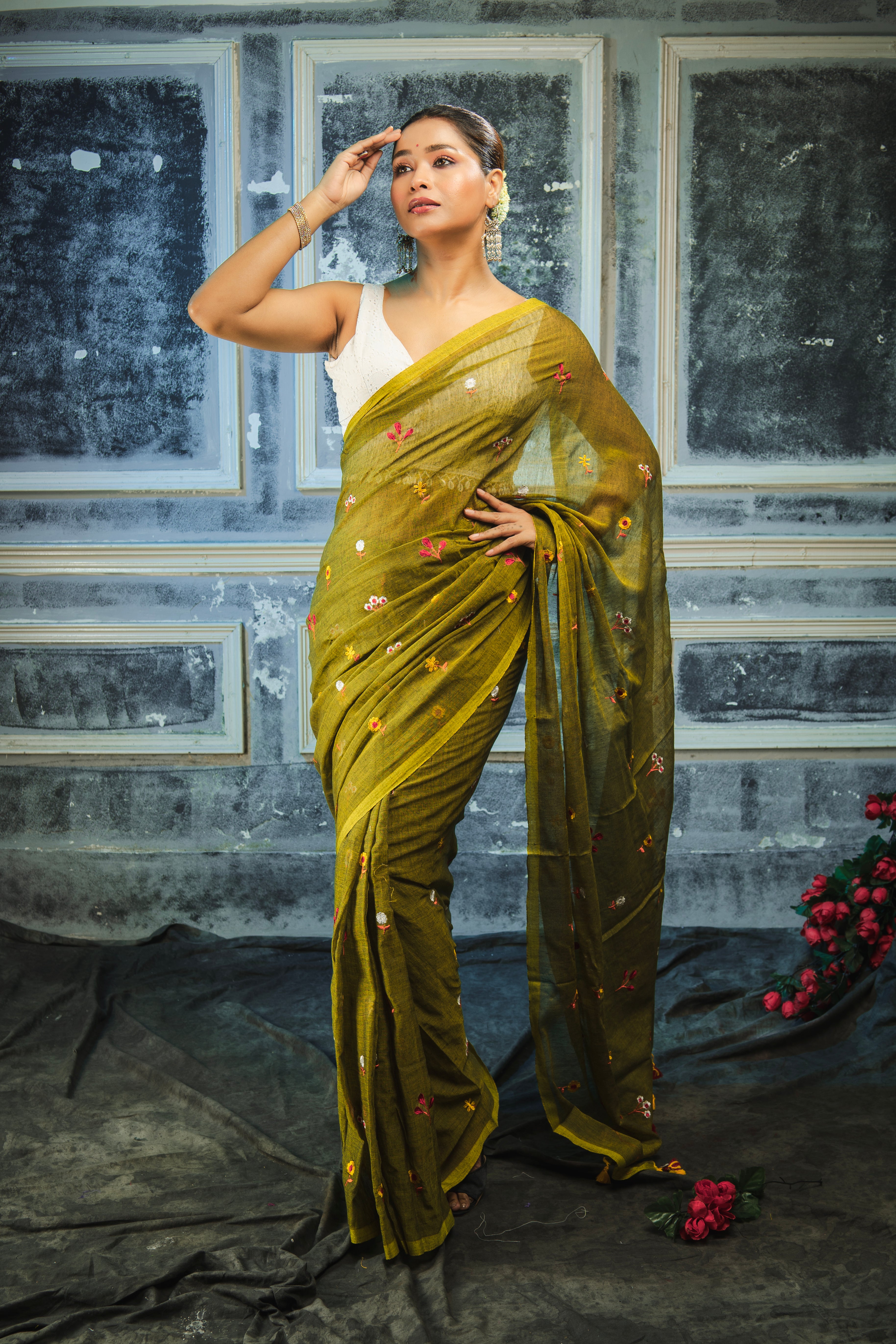 Olive Embroidered Mul Mul Cotton