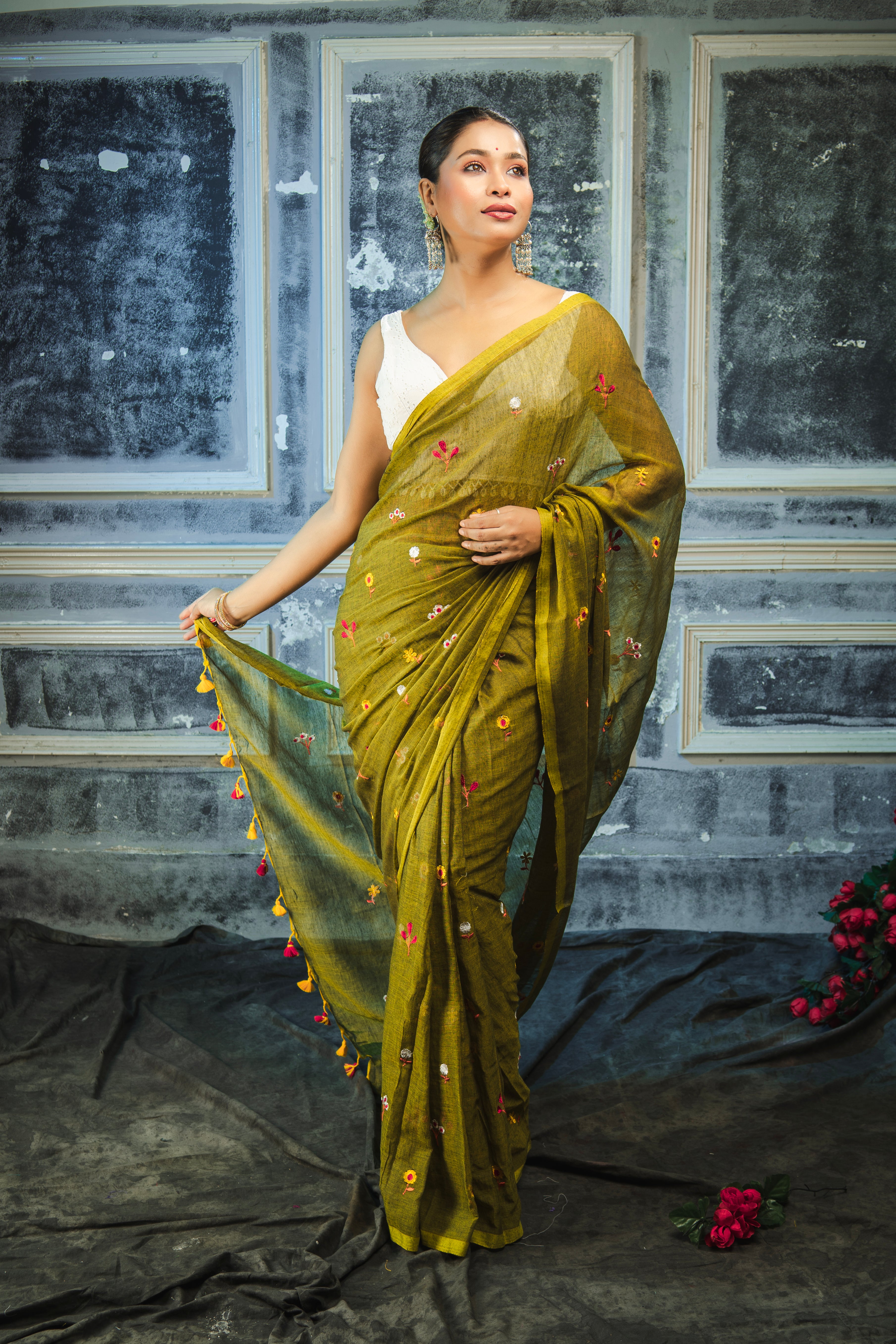 Olive Embroidered Mul Mul Cotton