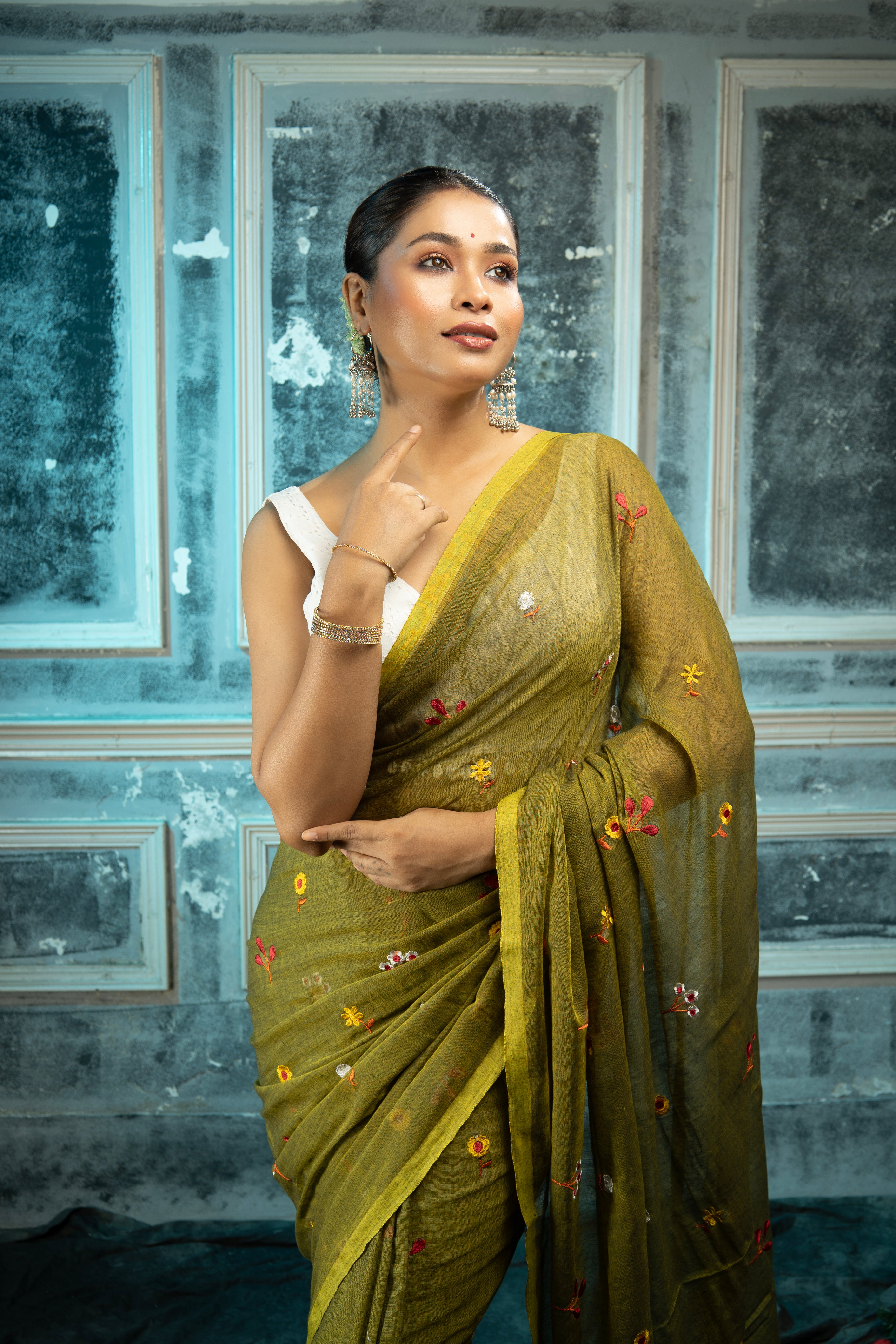 Olive Embroidered Mul Mul Cotton