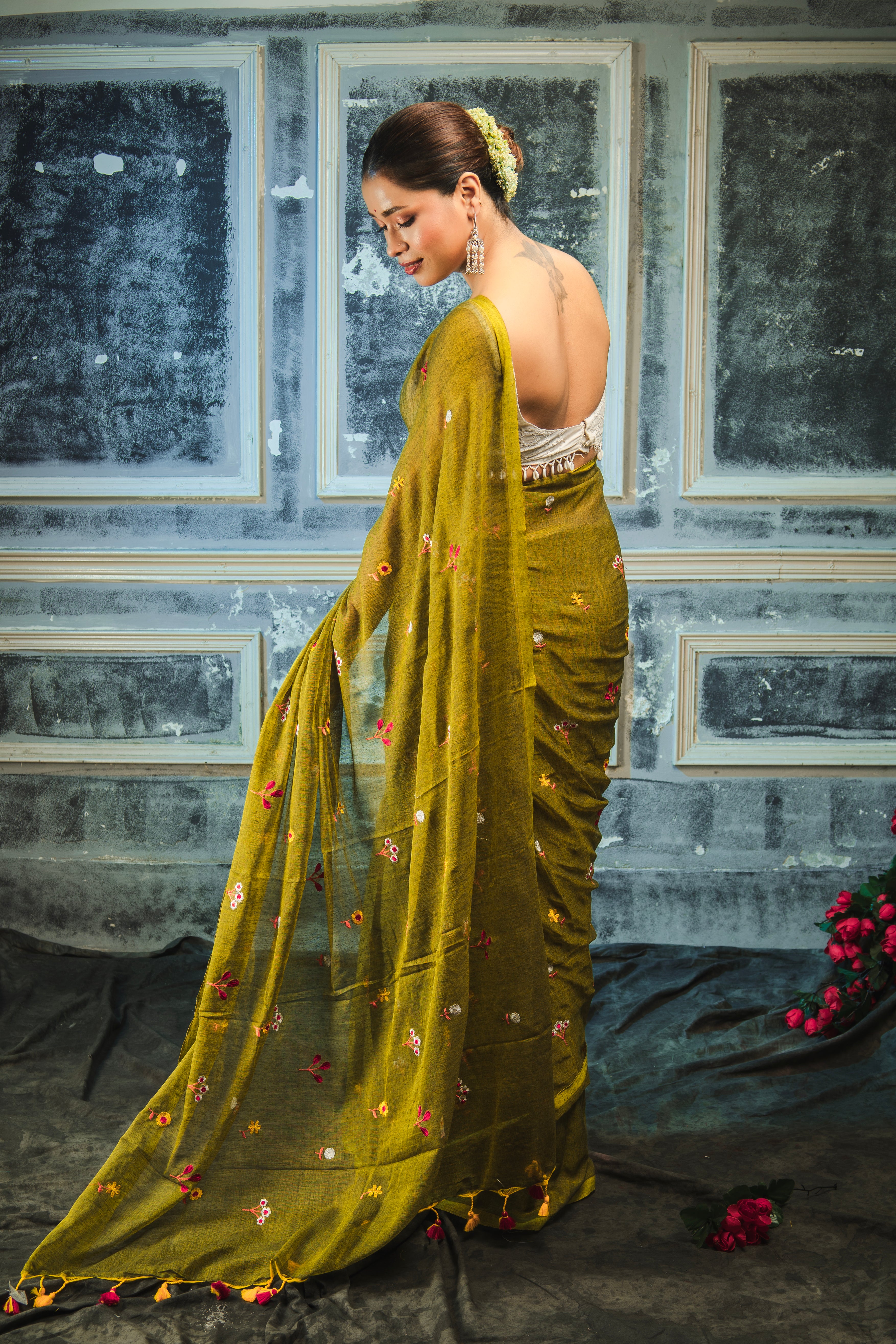 Olive Embroidered Mul Mul Cotton