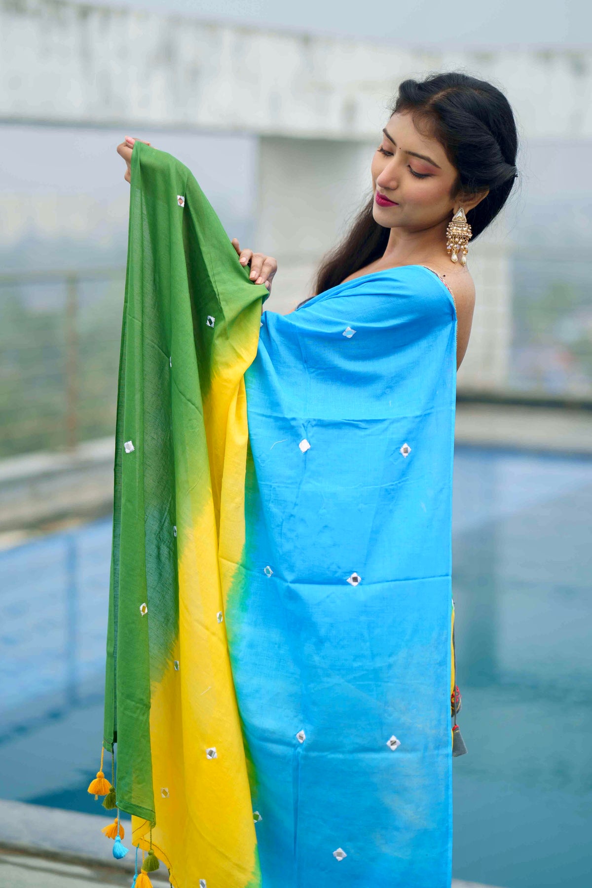 Multicolour pure mul cotton mirror work saree
