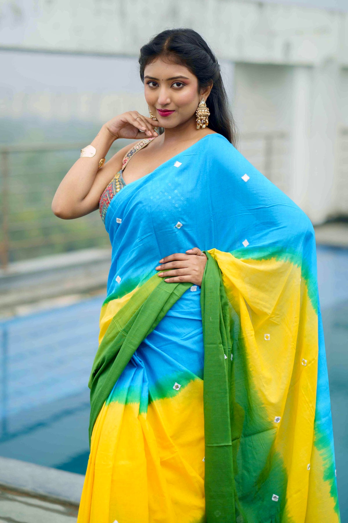 Multicolour pure mul cotton mirror work saree