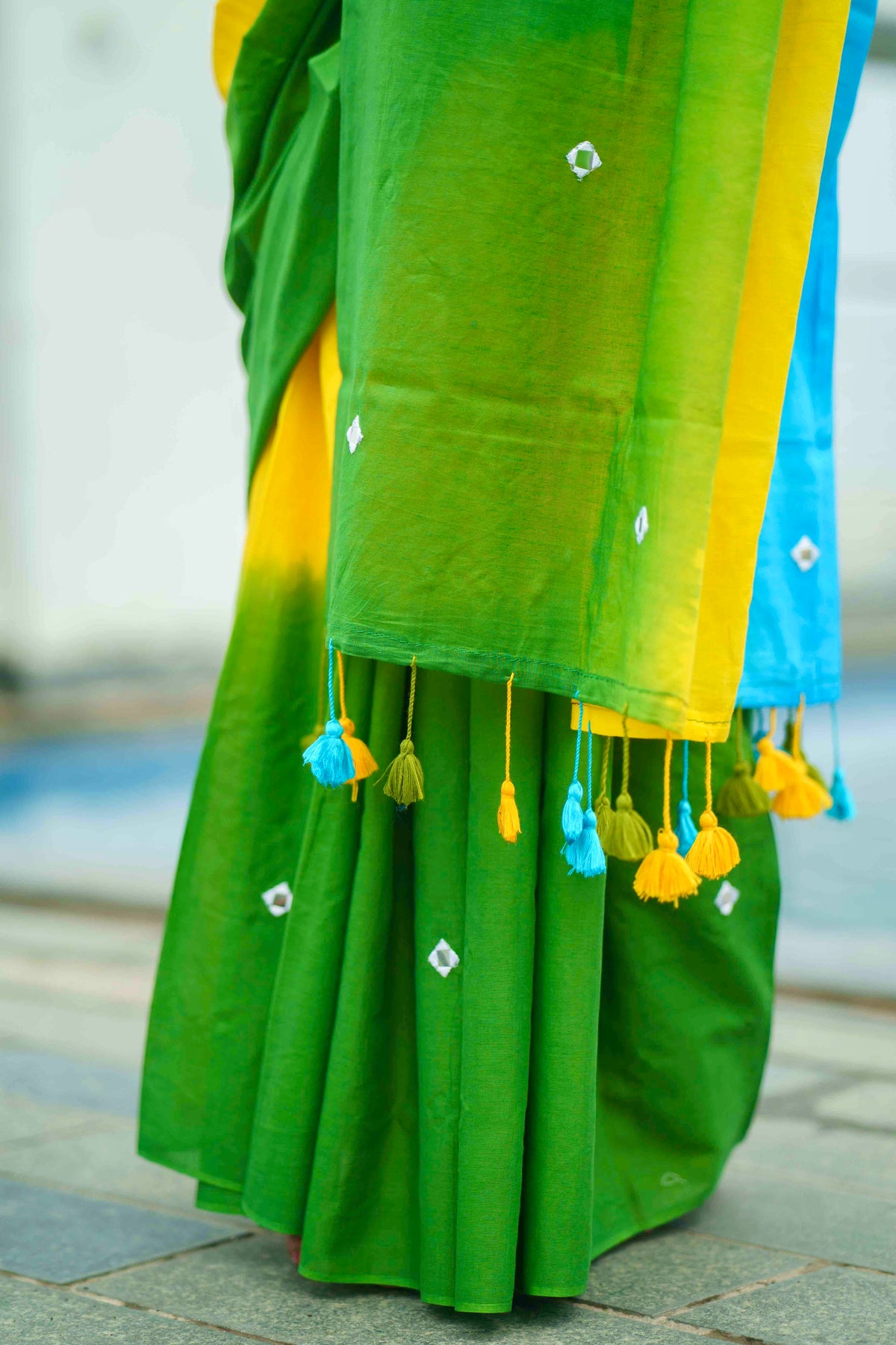 Multicolour pure mul cotton mirror work saree