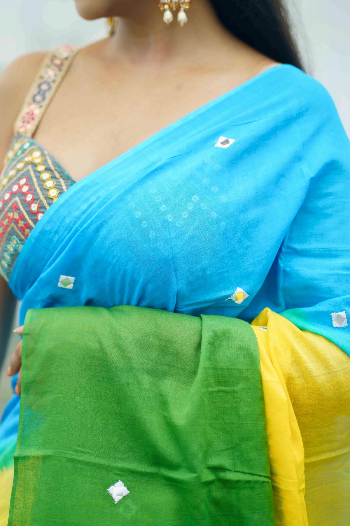 Multicolour pure mul cotton mirror work saree