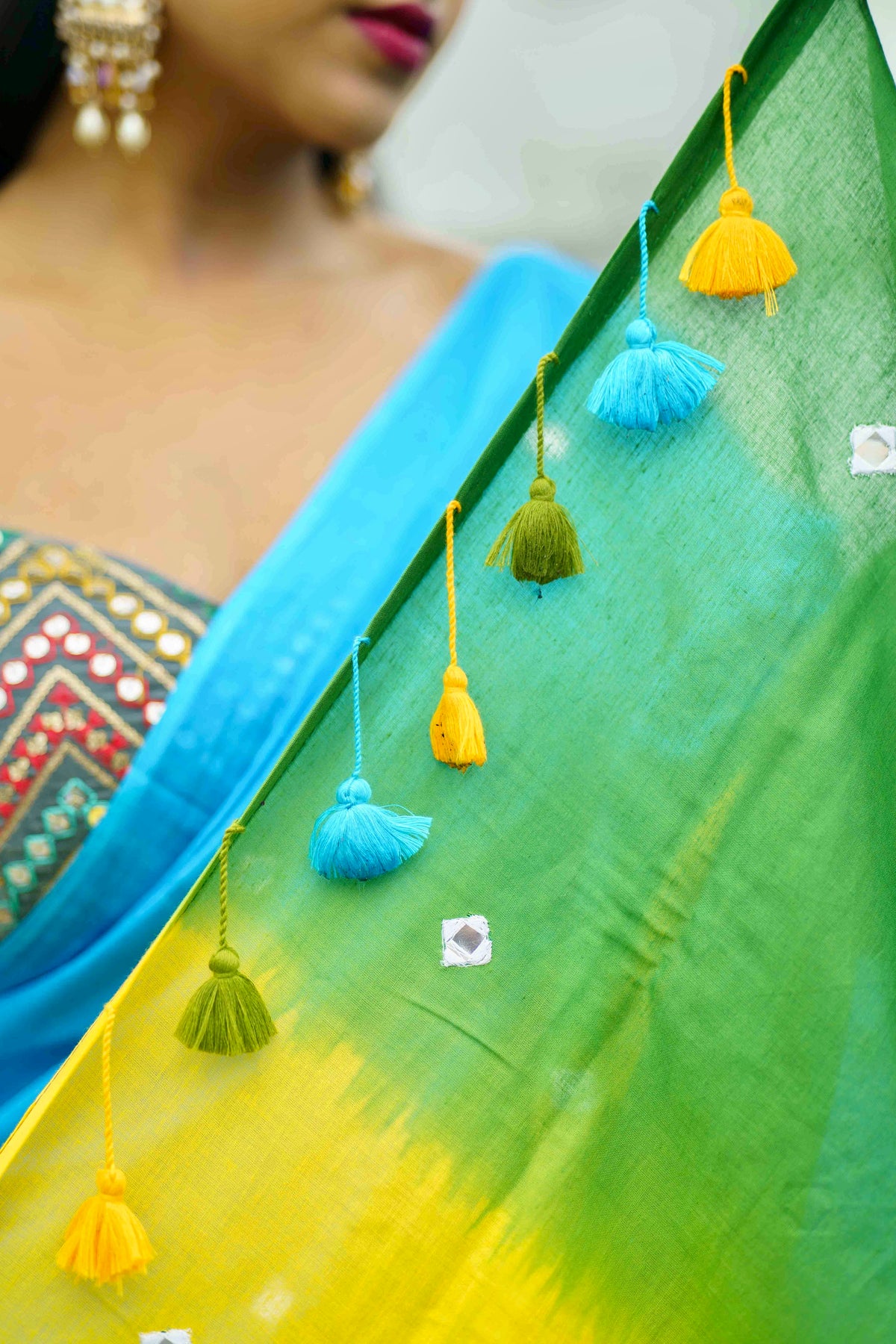 Multicolour pure mul cotton mirror work saree
