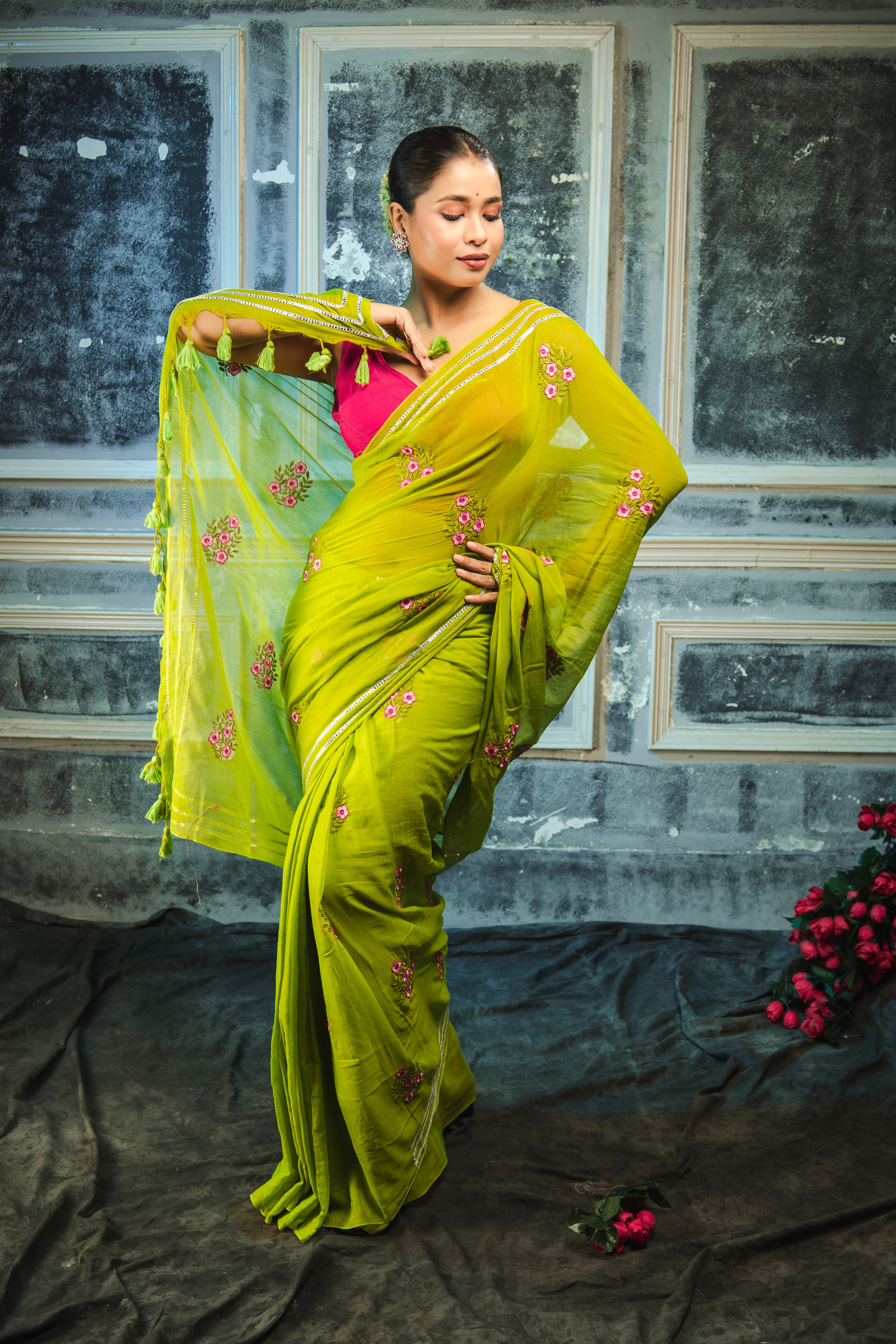 Lavanya Mul Mul Cotton Embroidery Saree- light green