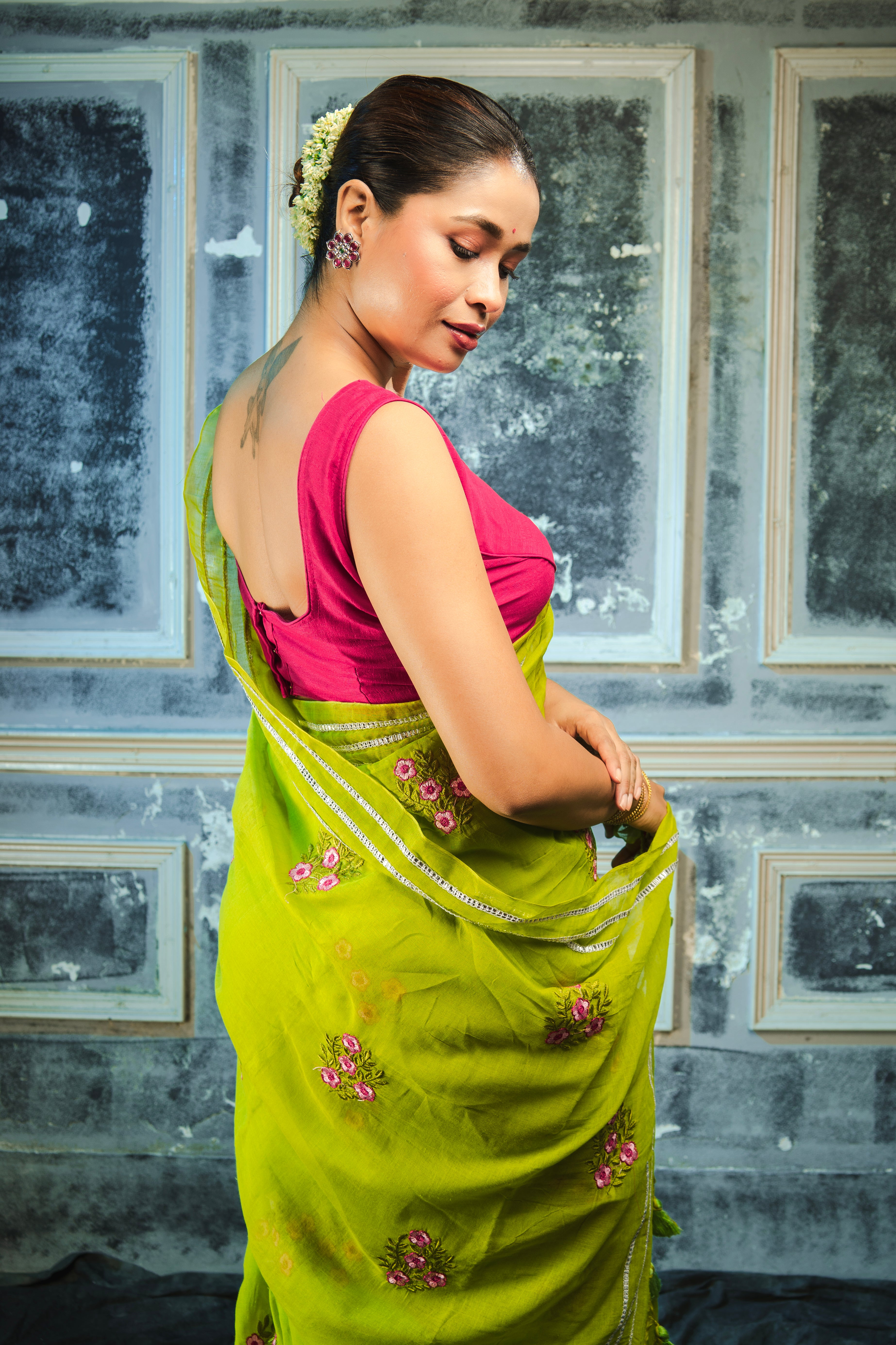 Lavanya Mul Mul Cotton Embroidery Saree- light green