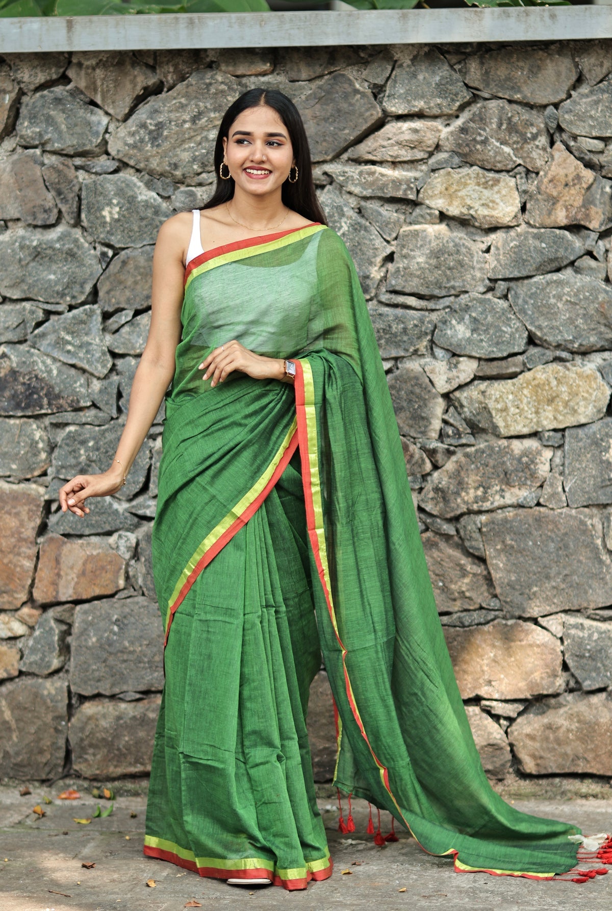 Green Mulmul Cotton Saree With Red Golden Border