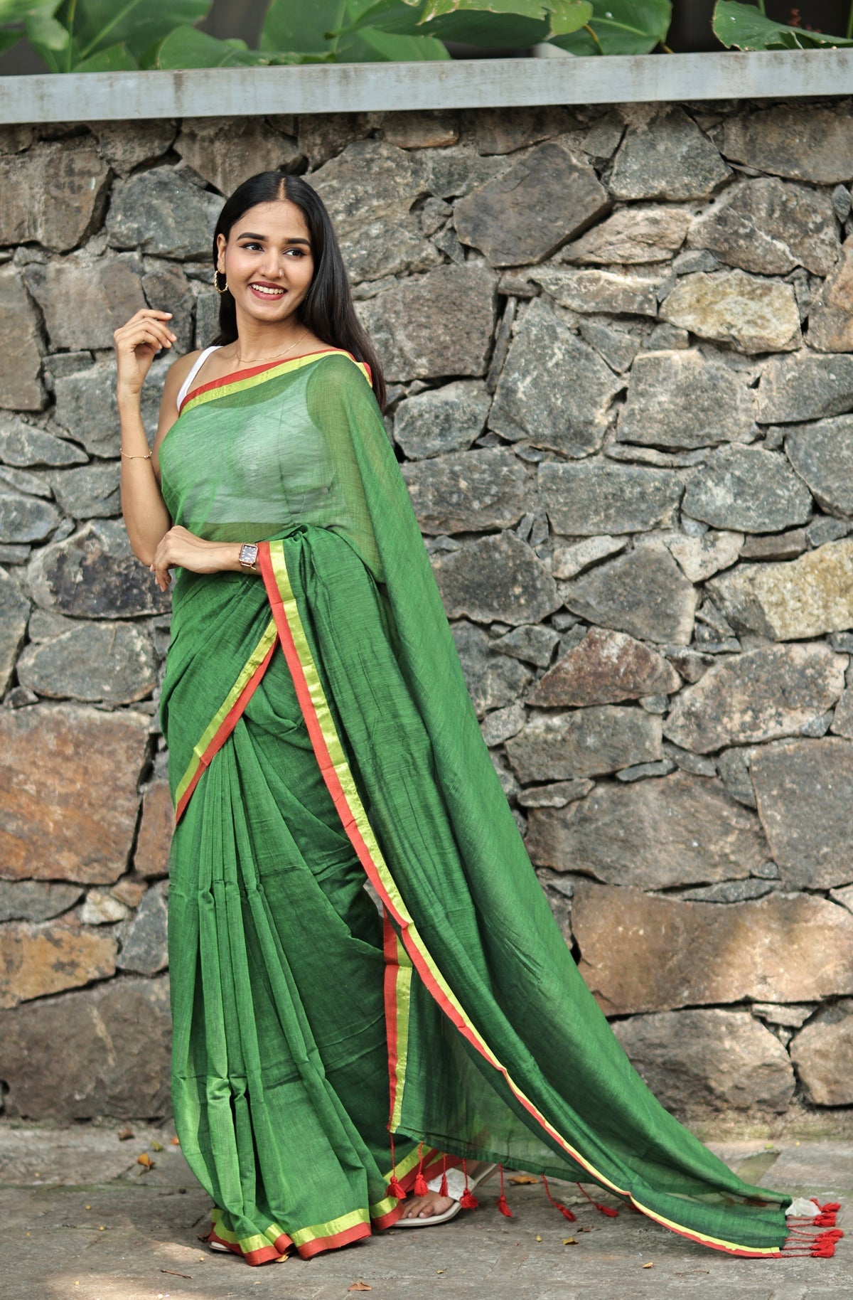 Green Mulmul Cotton Saree With Red Golden Border