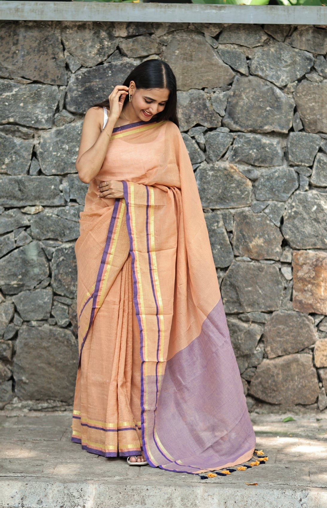 Hemlata Golden Check Mulmul Cotton Saree- Camel Golden