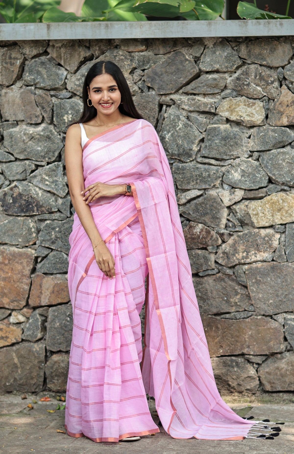 Pink Striped Mul Mul Cotton Saree