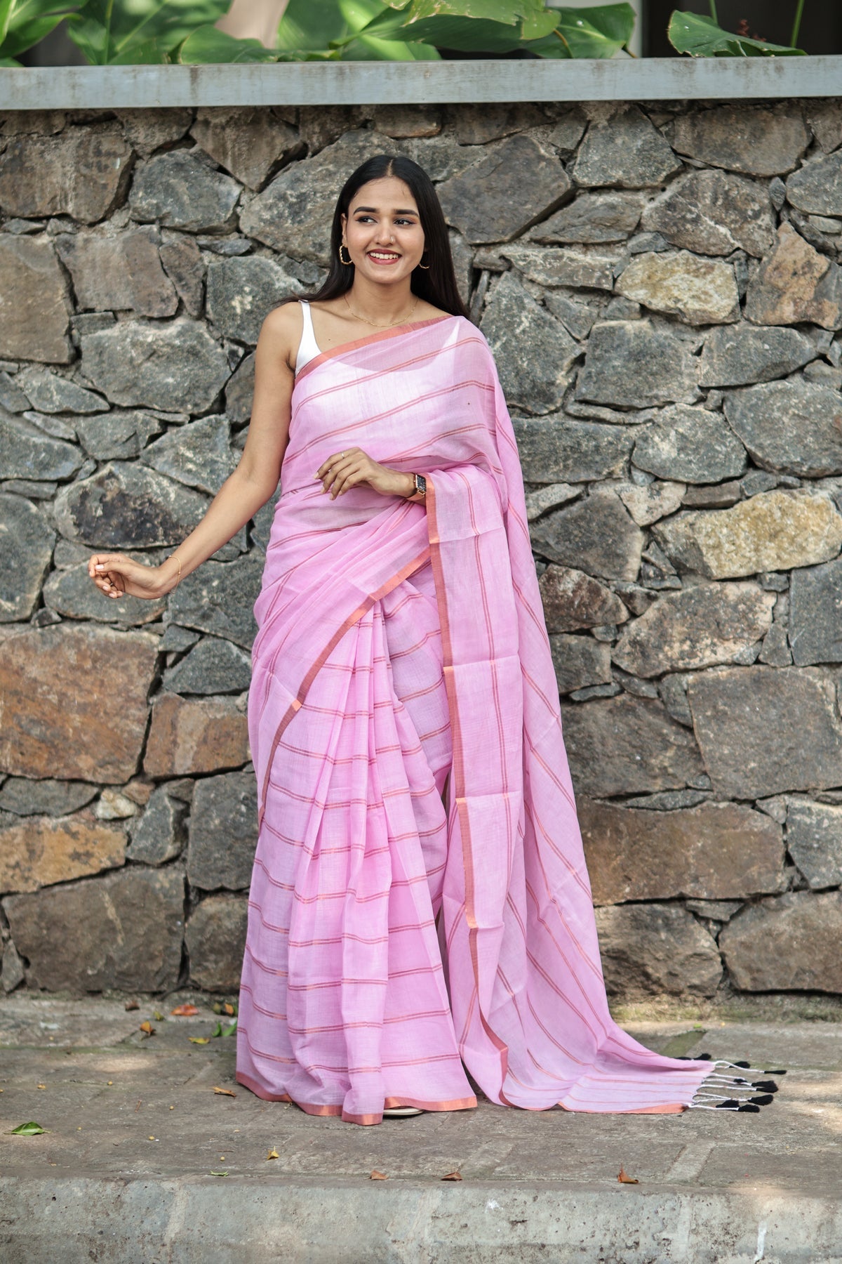 Pink Striped Mul Mul Cotton Saree