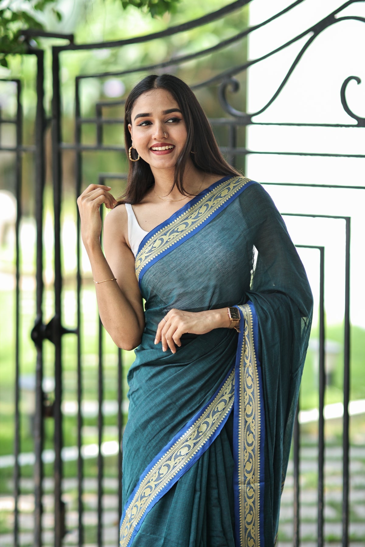 Teal Handwoven Mulmul Cotton Saree