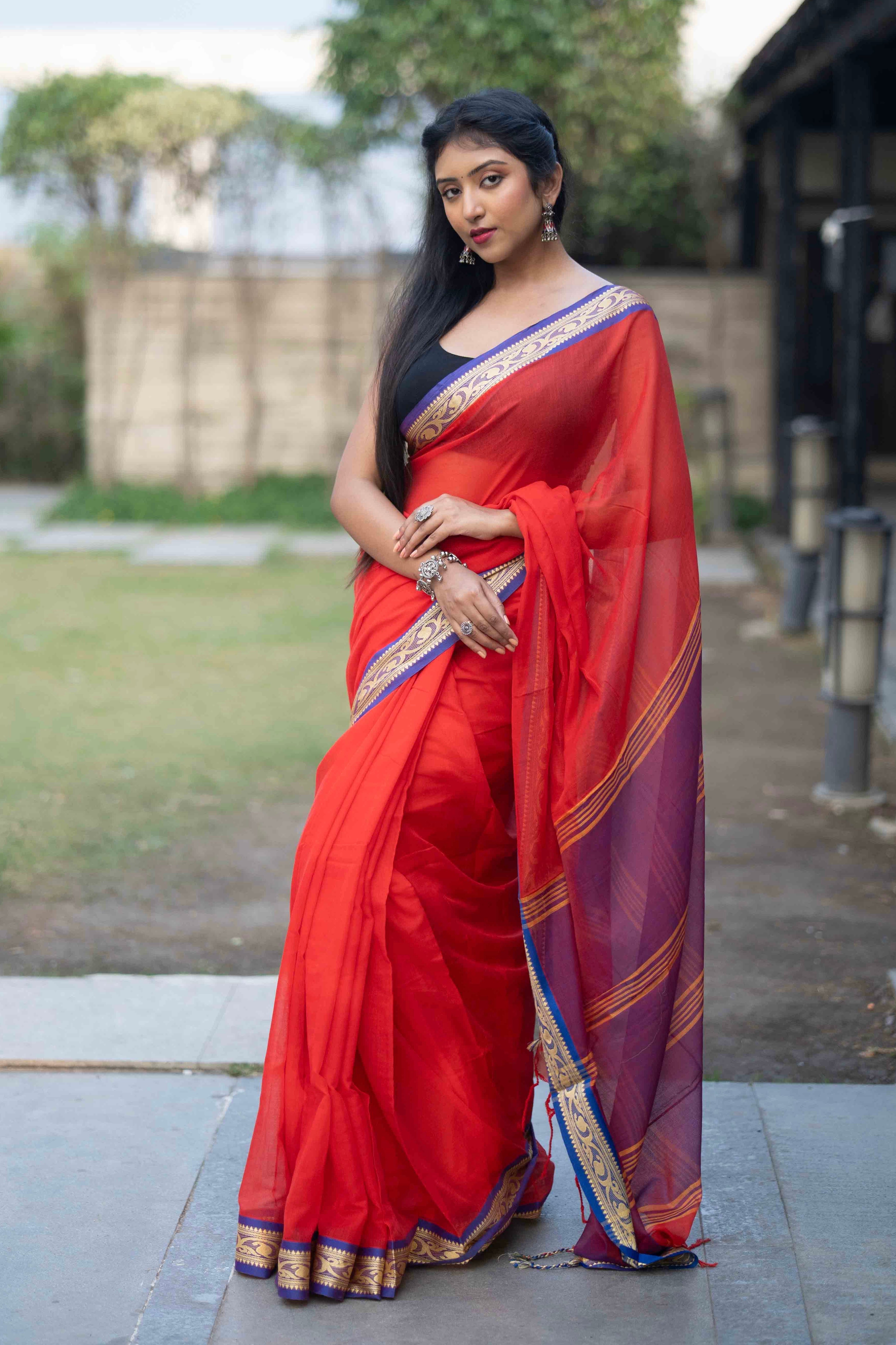 Red Handwoven Mulmul Cotton Saree