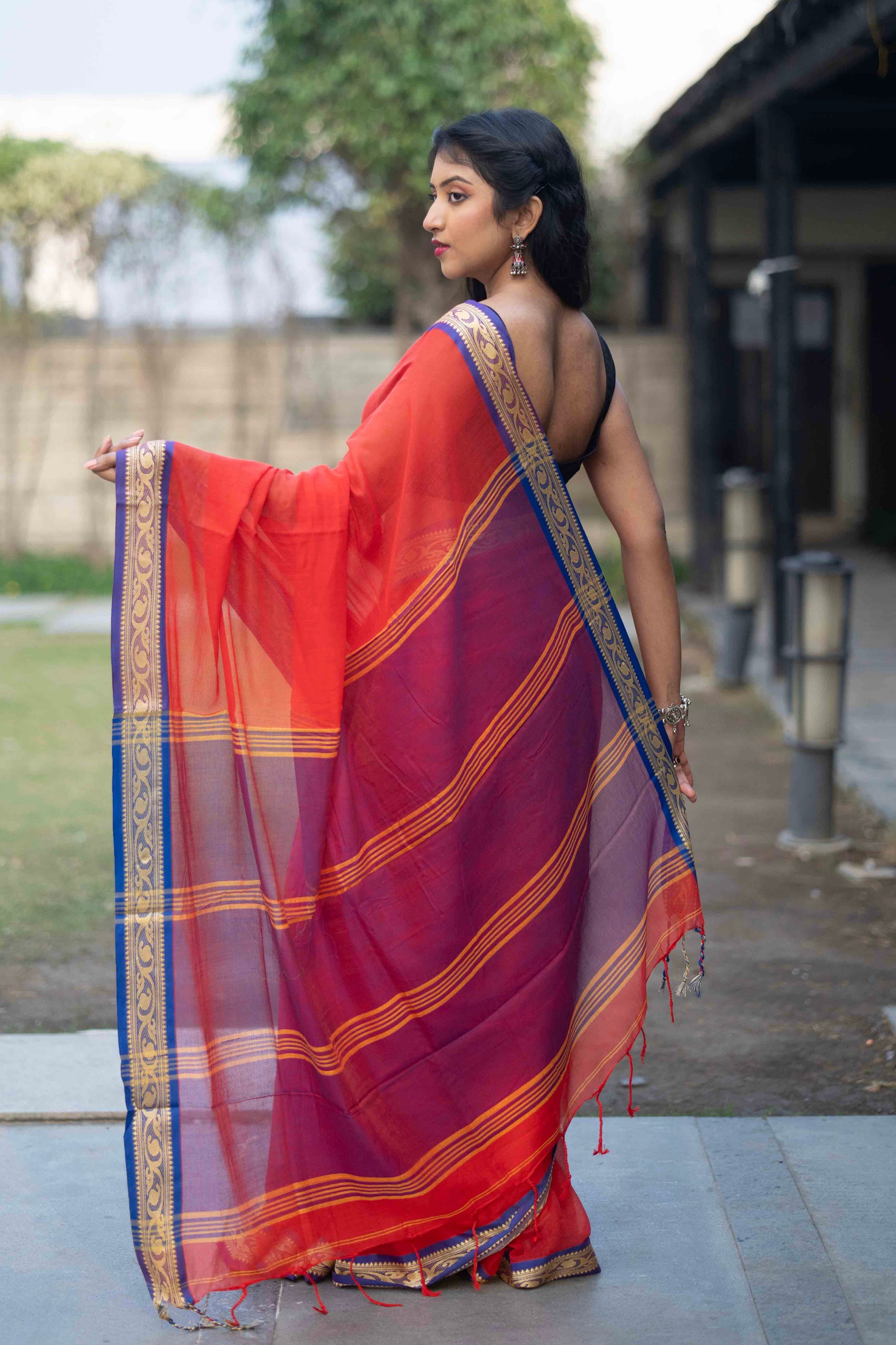Red Handwoven Mulmul Cotton Saree