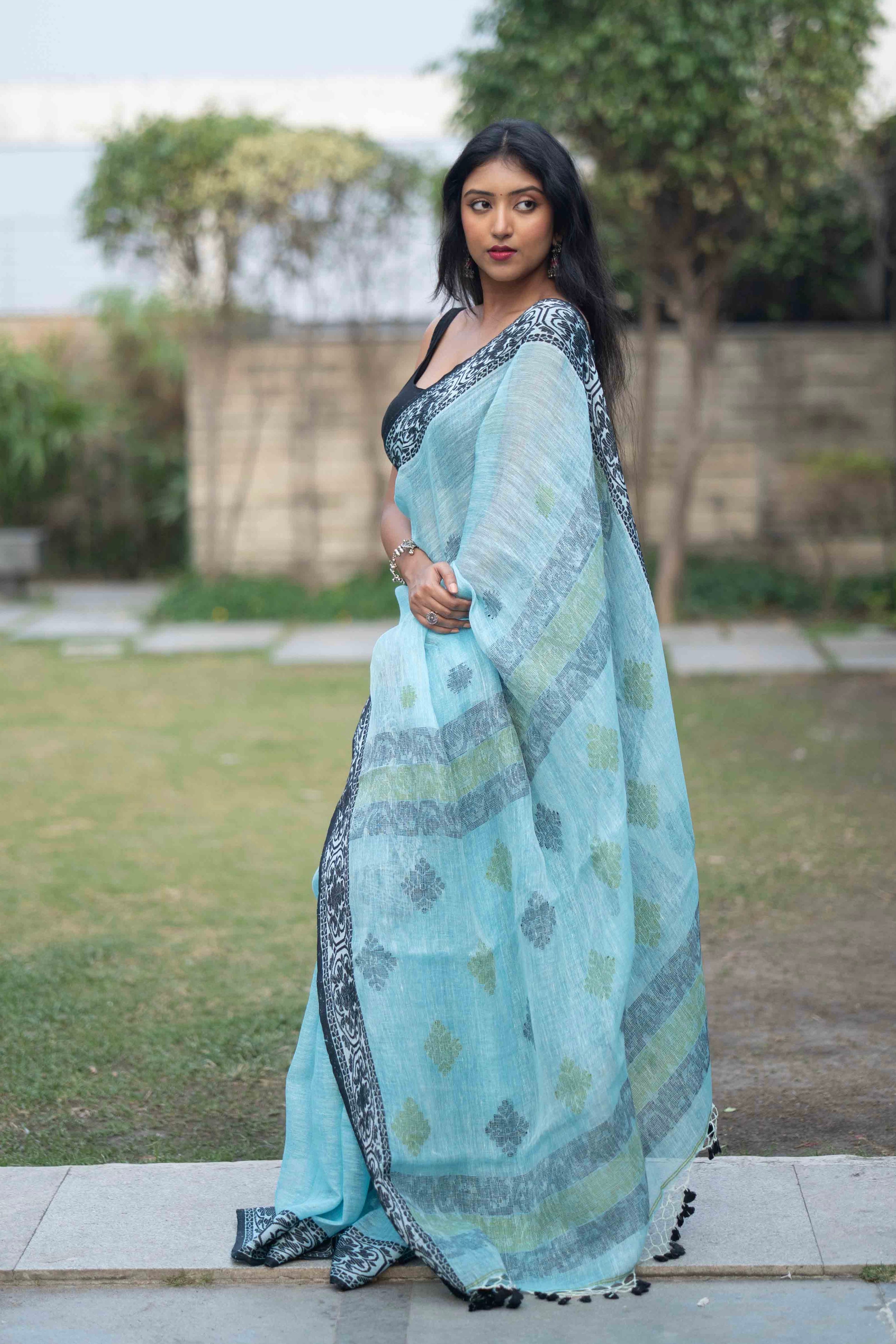 Sky Blue & Black Linen Woven Jamdani Saree with blouse piece