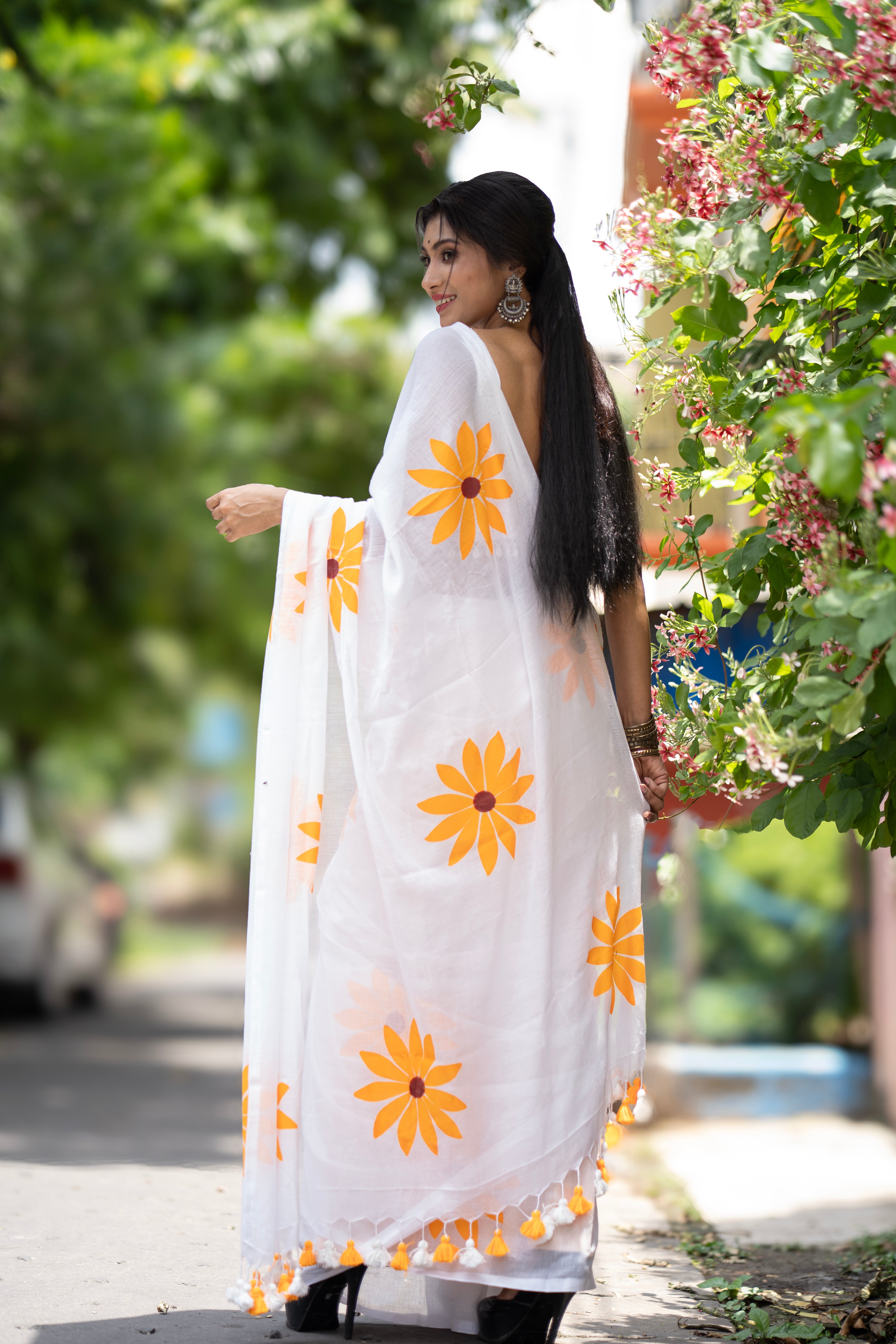 White Hand Printed sunflowers mulmul cotton saree