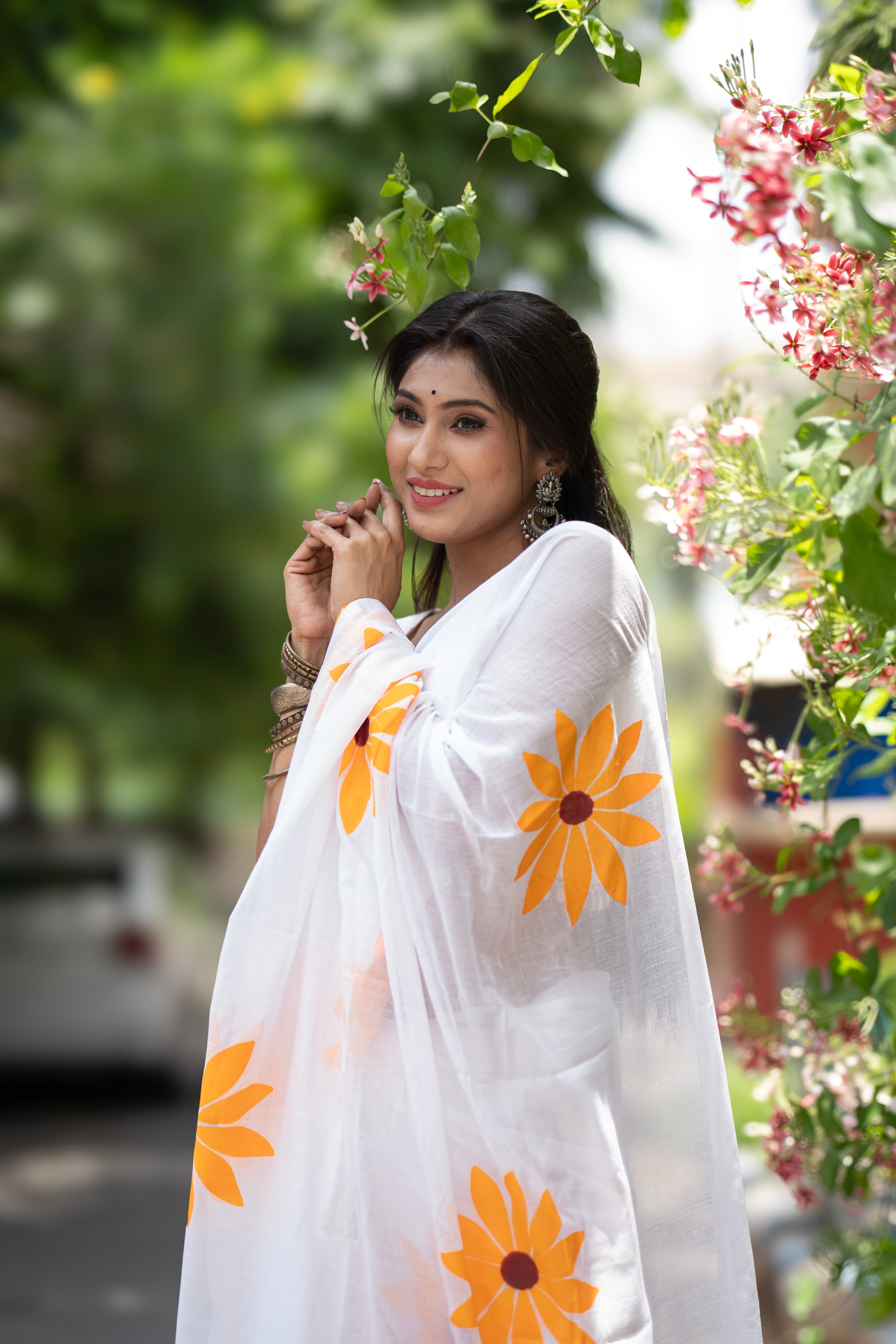White Hand Printed sunflowers mulmul cotton saree
