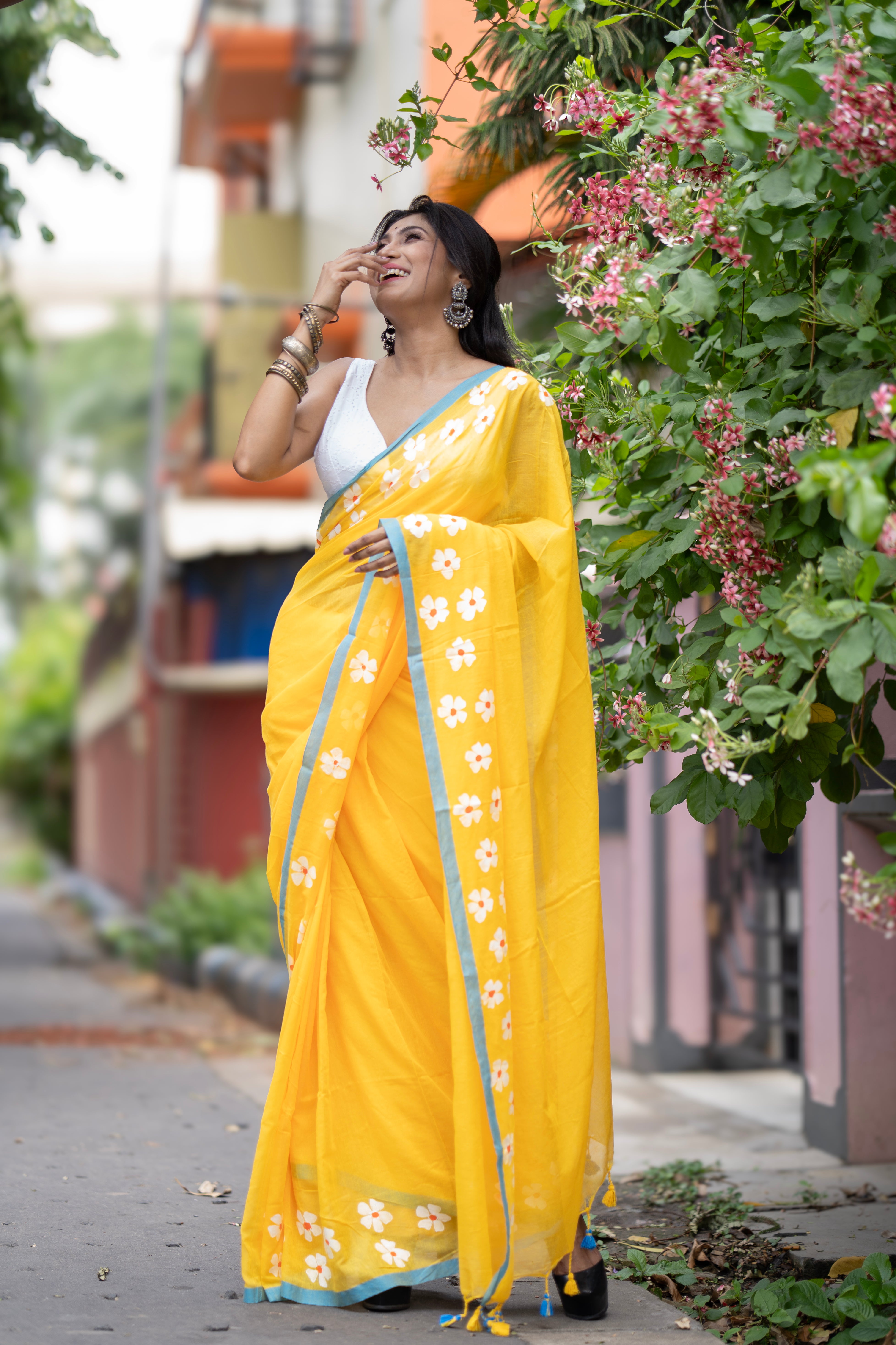 Phoolvalli Hand Printed Mul Mul Cotton Saree-yellow