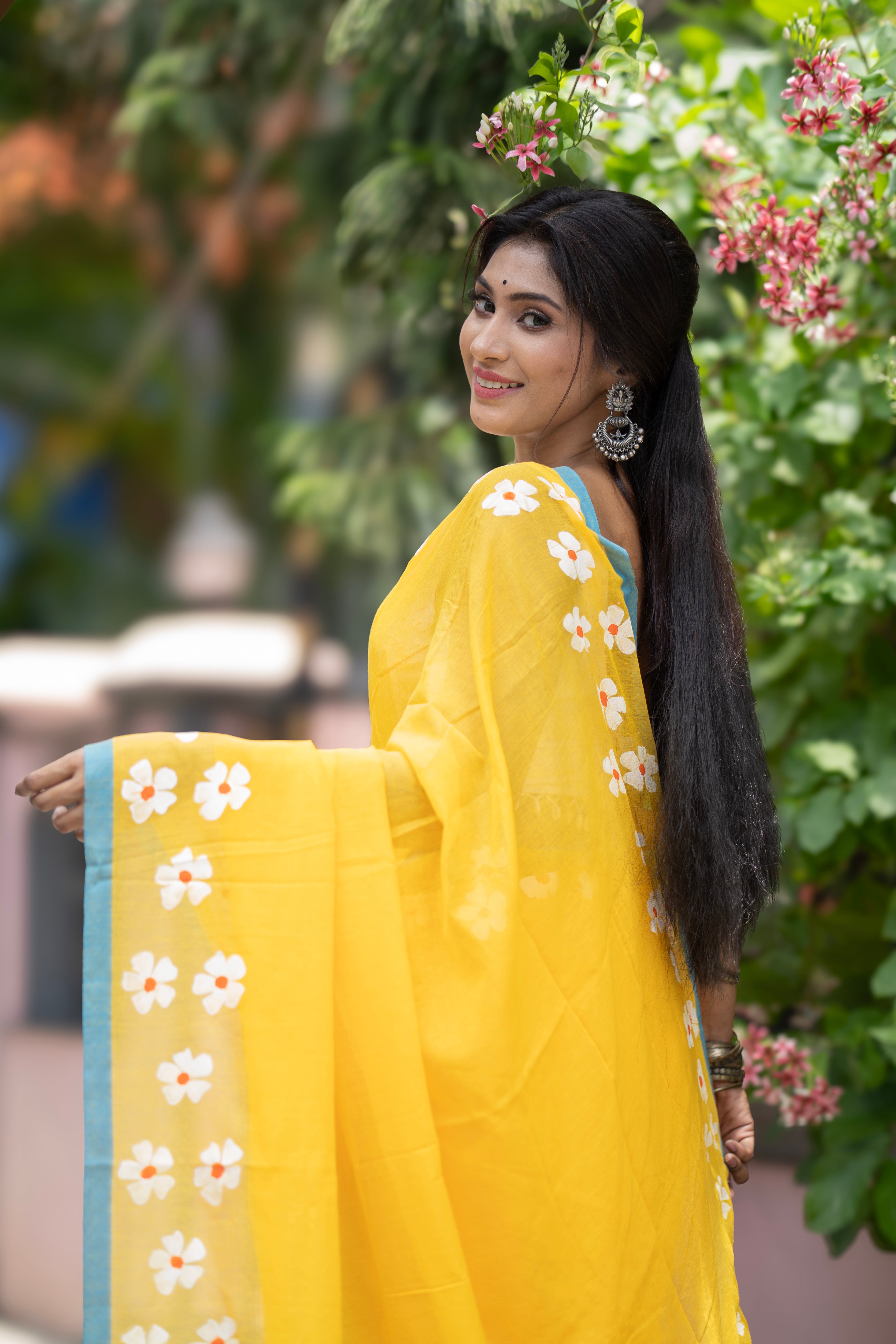 Phoolvalli Hand Printed Mul Mul Cotton Saree-yellow