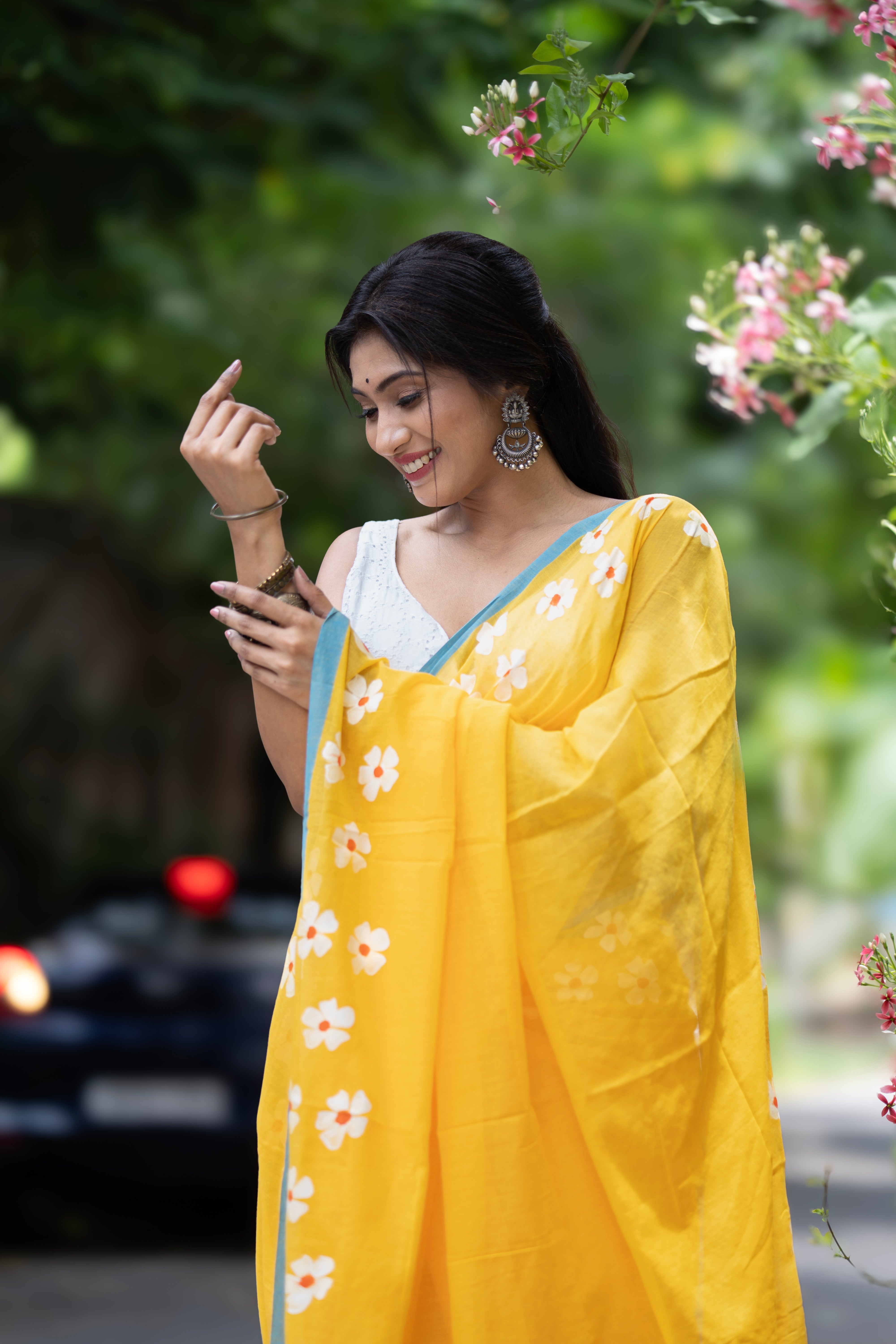 Phoolvalli Hand Printed Mul Mul Cotton Saree-yellow