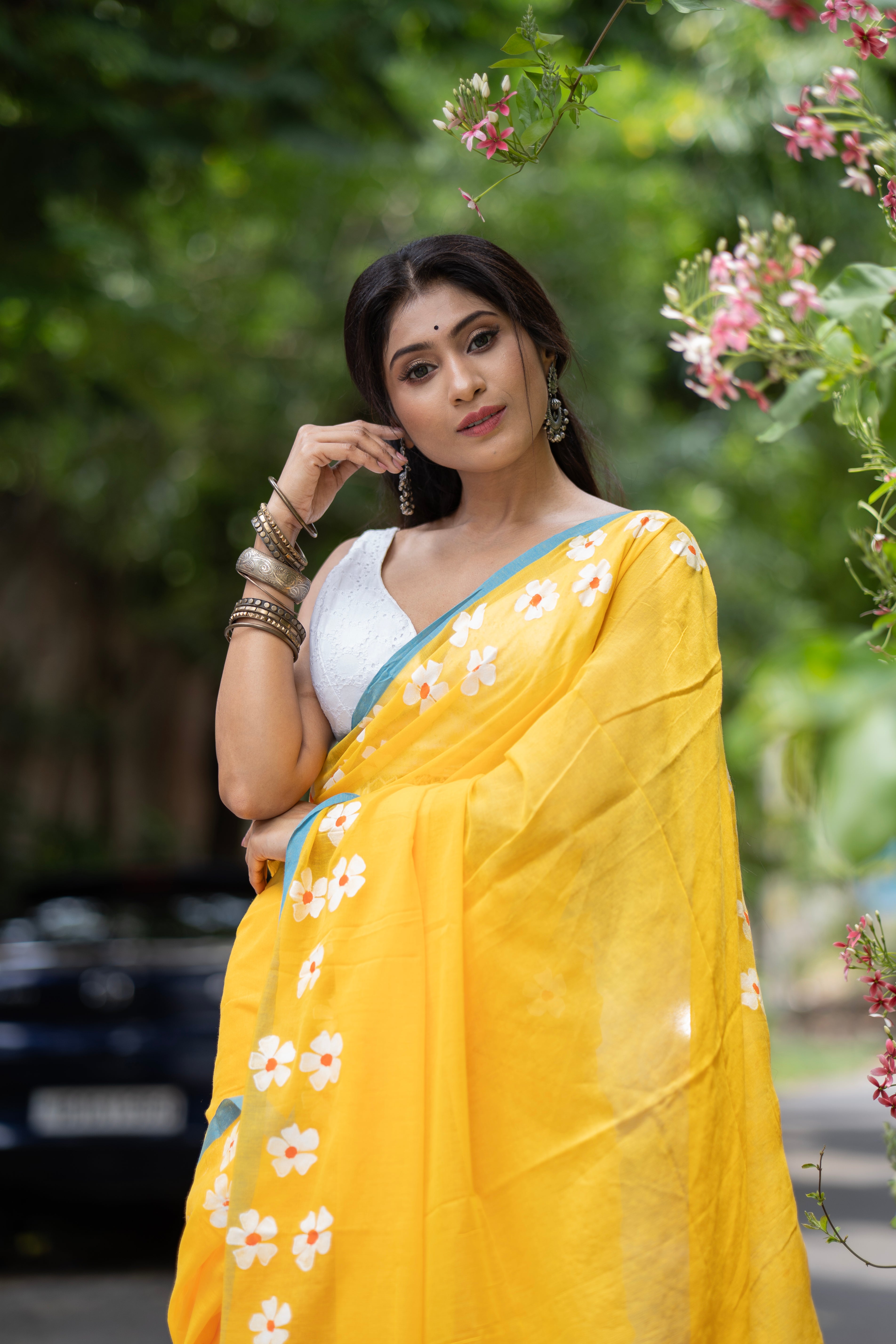 Phoolvalli Hand Printed Mul Mul Cotton Saree-yellow