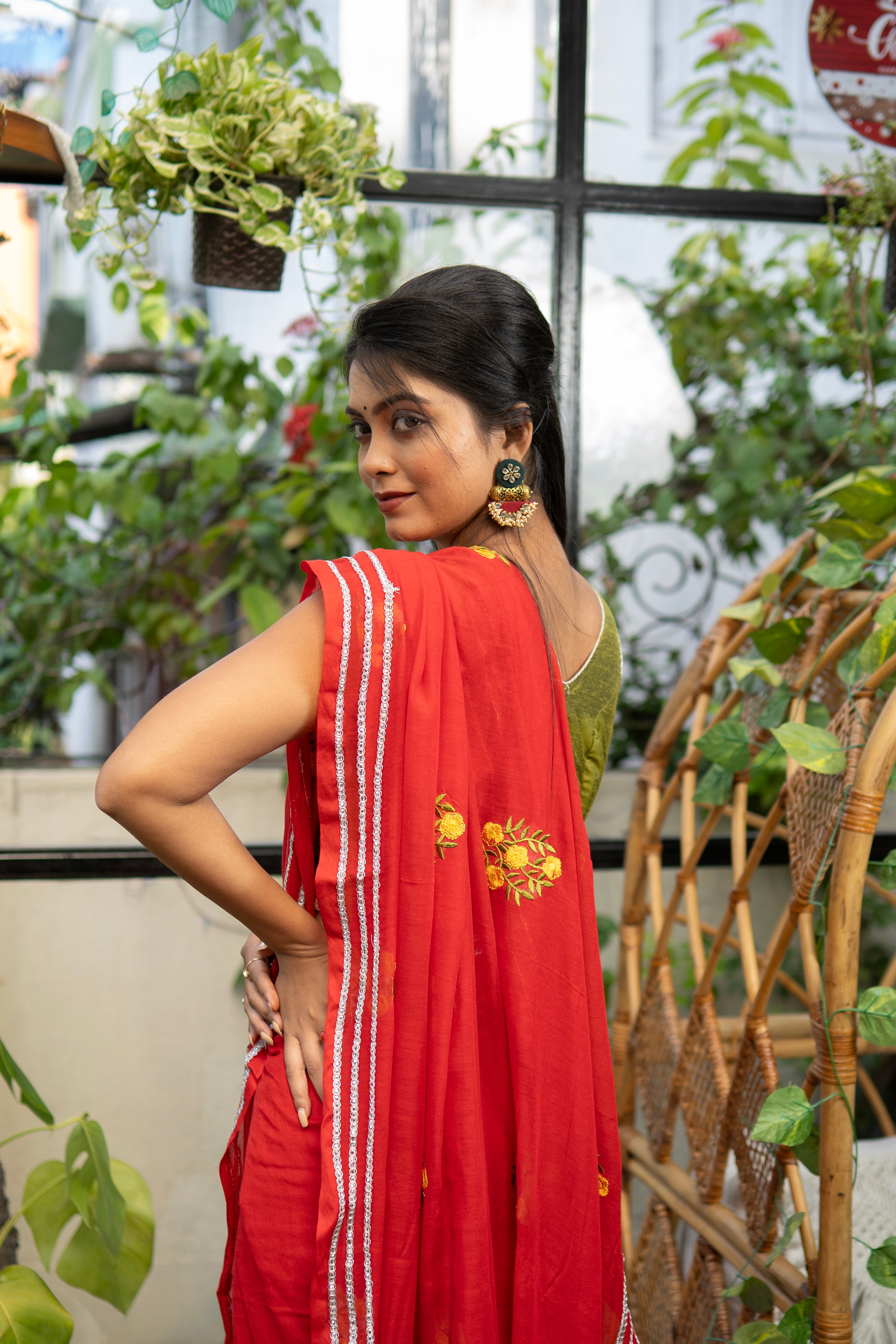 Lavanya Red Mul Mul Cotton Saree With Embroidery Work