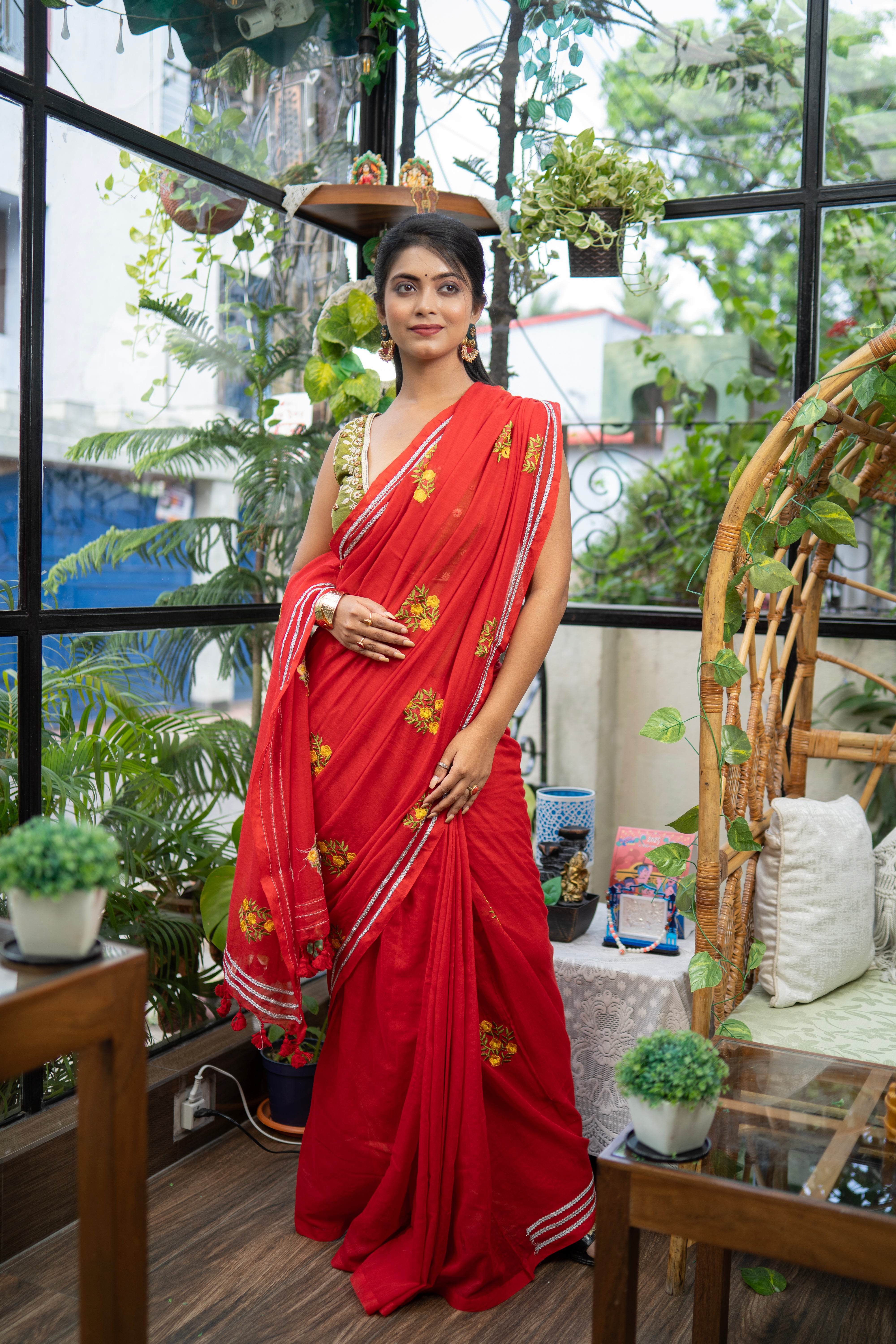 Lavanya Red Mul Mul Cotton Saree With Embroidery Work