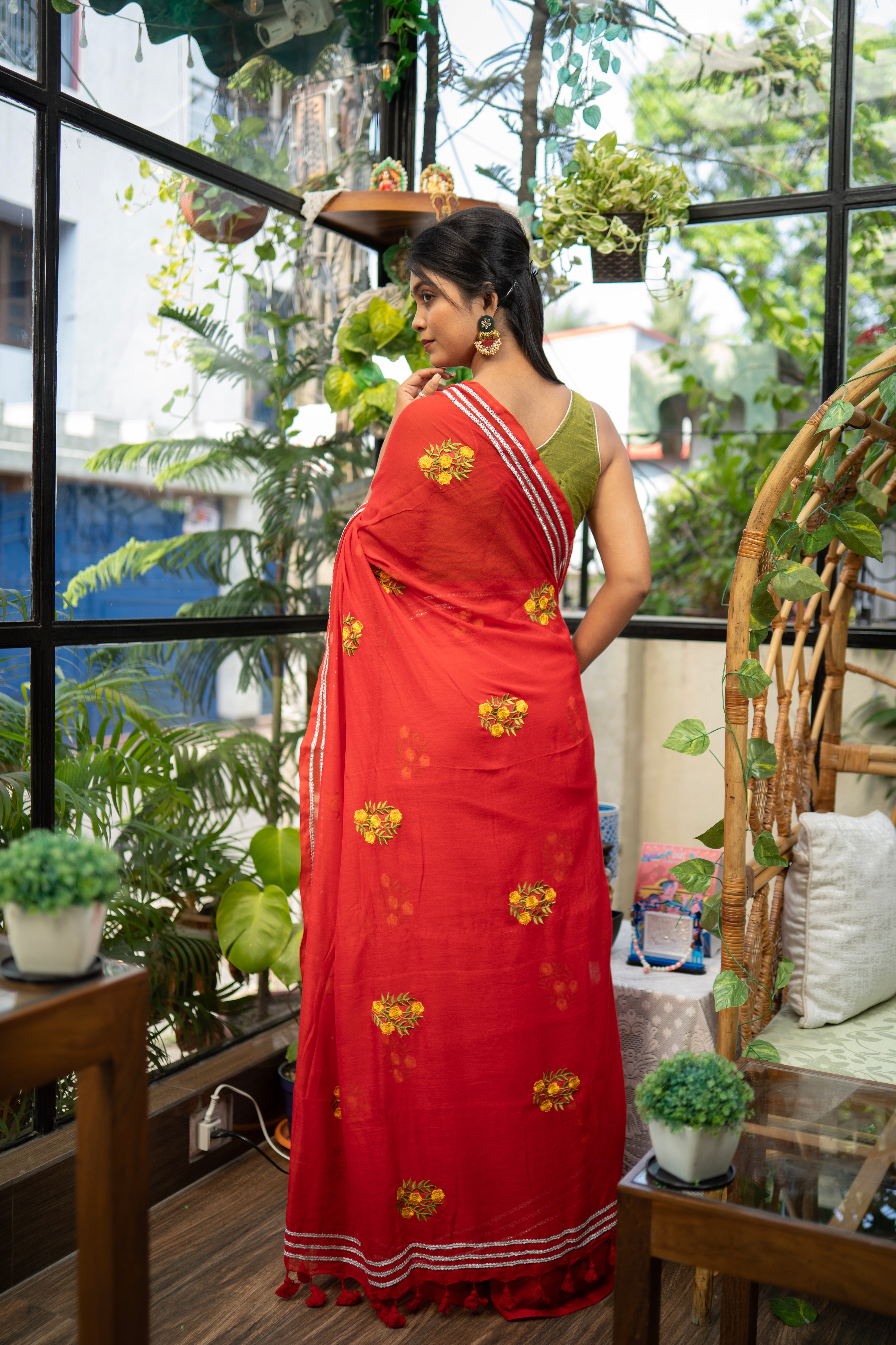 Lavanya Red Mul Mul Cotton Saree With Embroidery Work