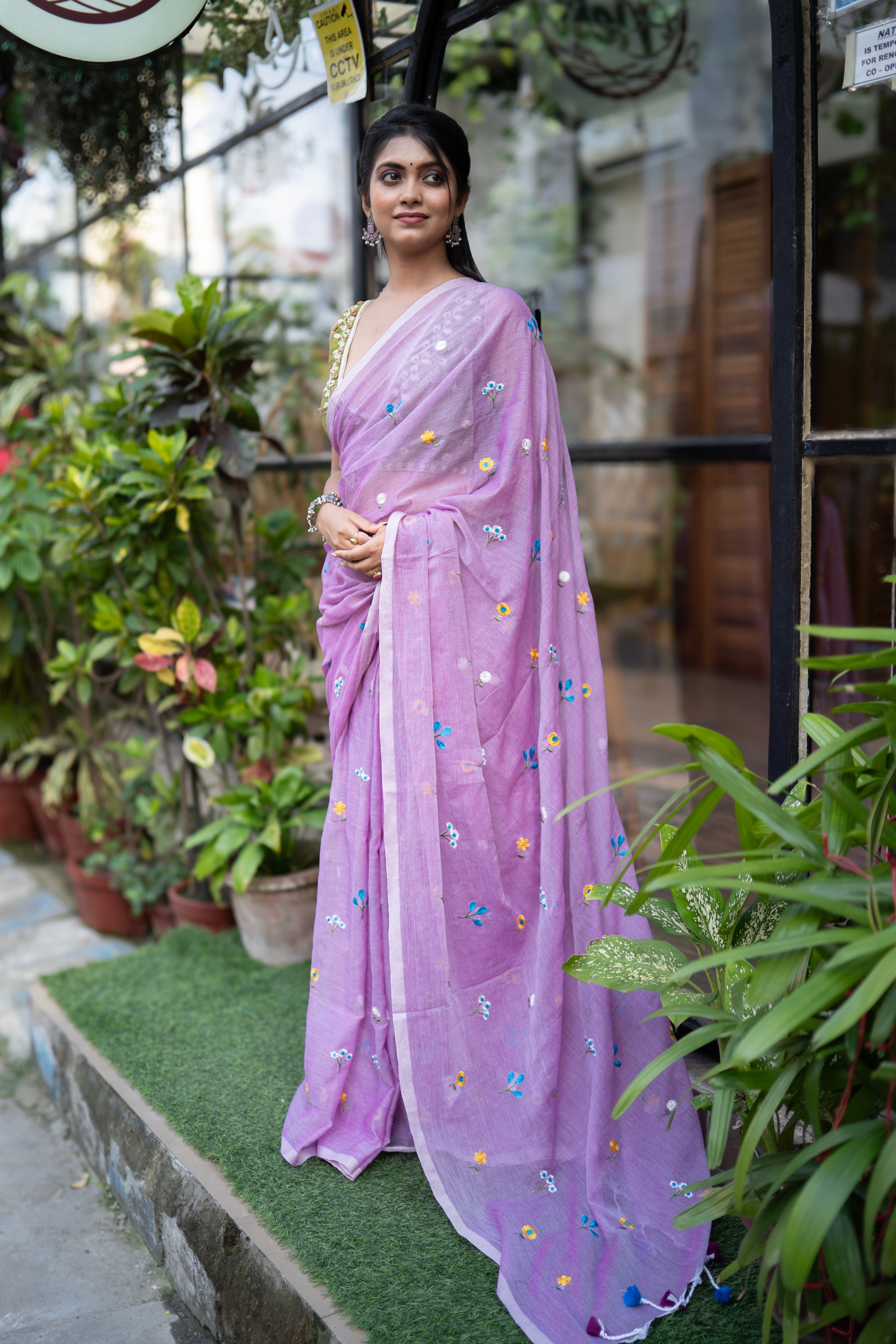 Lavender Embroidered Pure Mul Cotton Saree