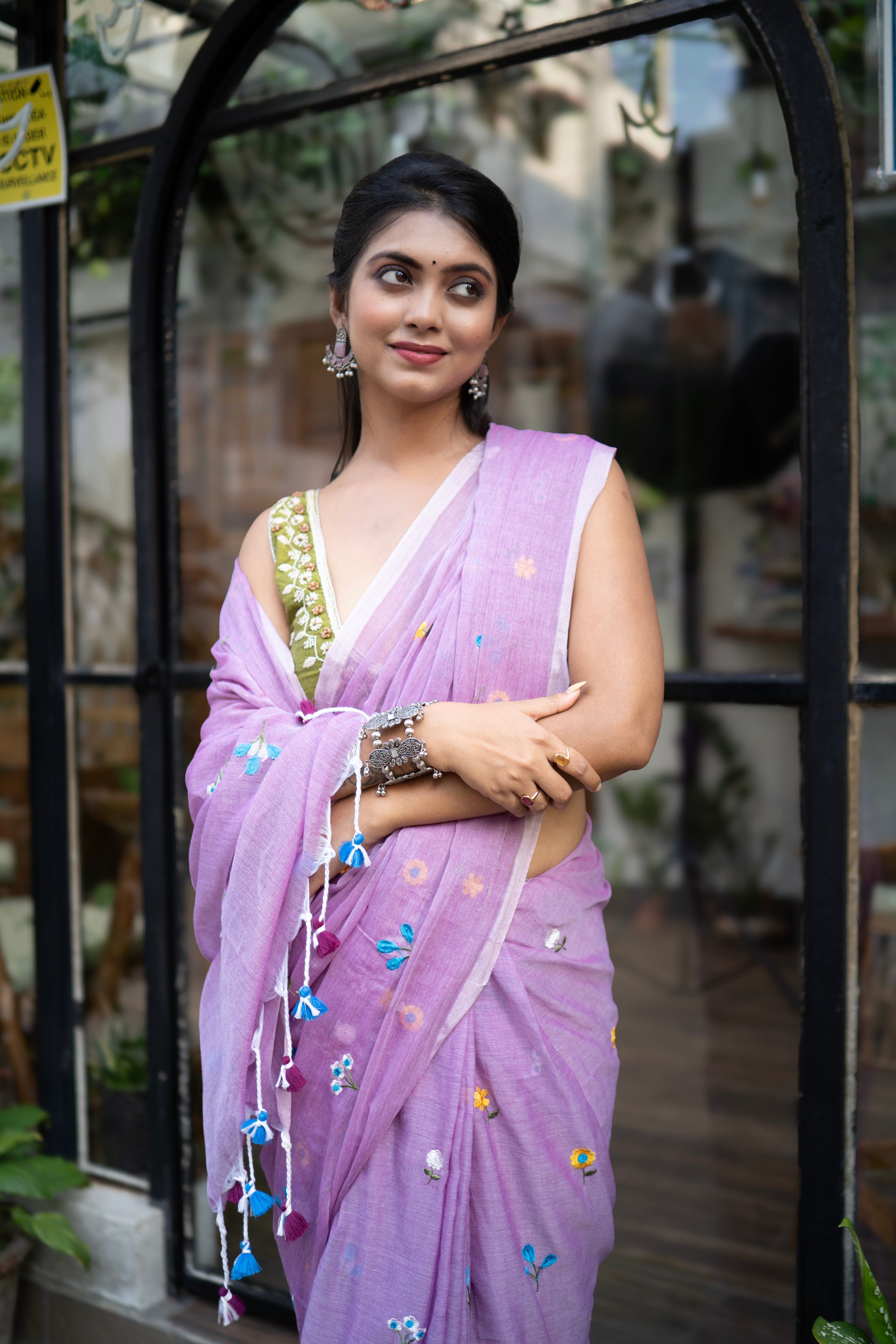Lavender Embroidered Pure Mul Cotton Saree